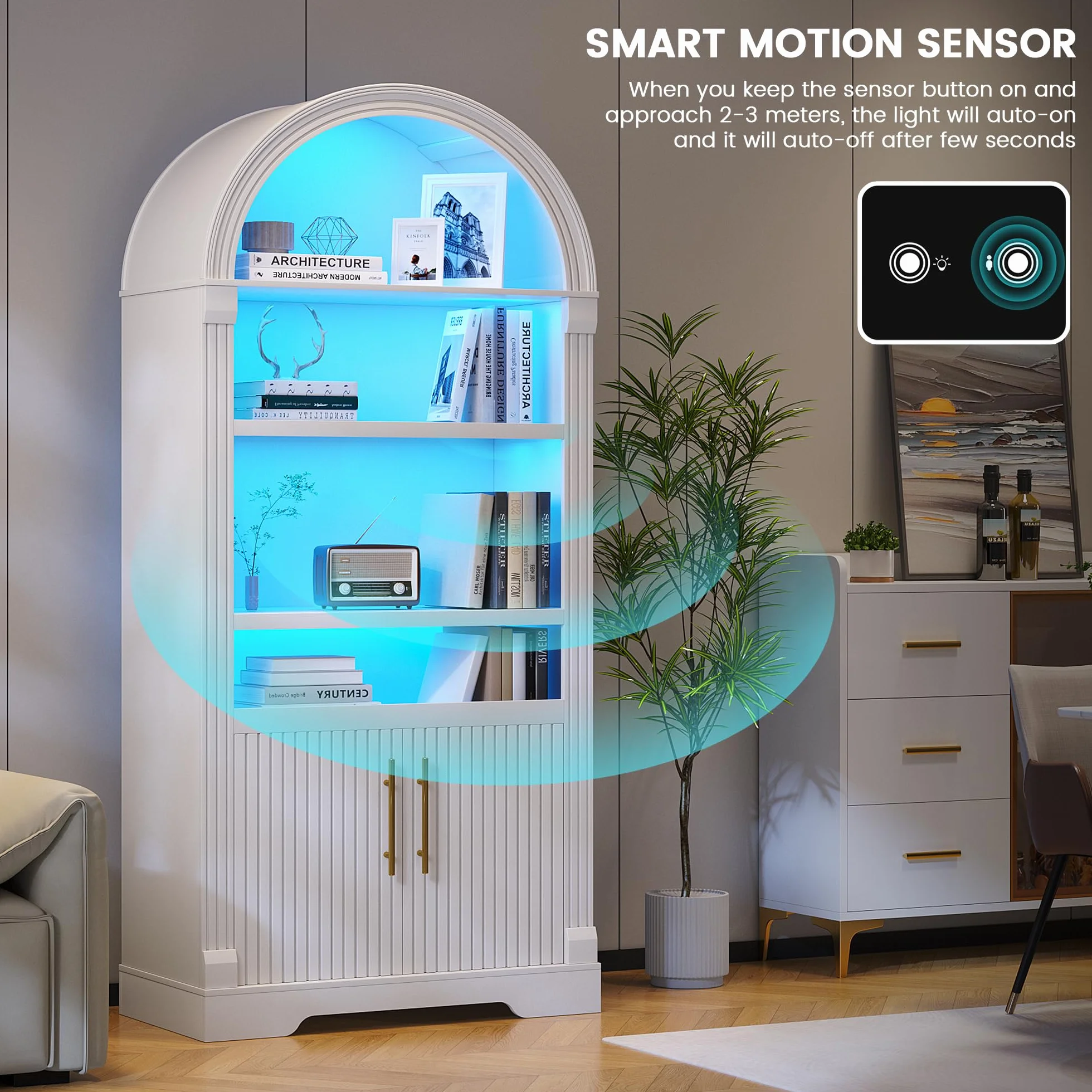 LVSOMT LED Bogen Weinschrank Holz, 180cm Barschrank Modern, 3 Farben Licht, 4 Reihig Rotweinglas Regal, 2 Tür Stauschrank, Weinschränke für Küche Esszimmer Wohnzimmer, Weiß