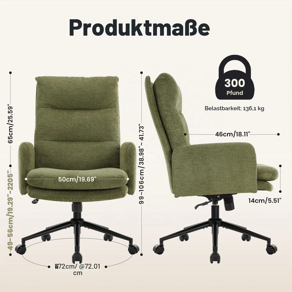 IWMH Schreibtischstuhl mit Hoher Rückenlehne,Bürostuhl Ergonomisch aus Kaschmir, Schminktisch Stuhl mit Armlehne, Drehstuhl Höhenverstellbarer Buero Wohnzimmer (Grün)