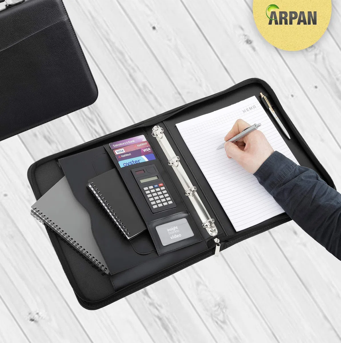 Arpan A4 Konferenzmappe mit Griff, Ringbuch, Folio mit Reißverschluss, weich gepolsterter Hülle, Schwarz