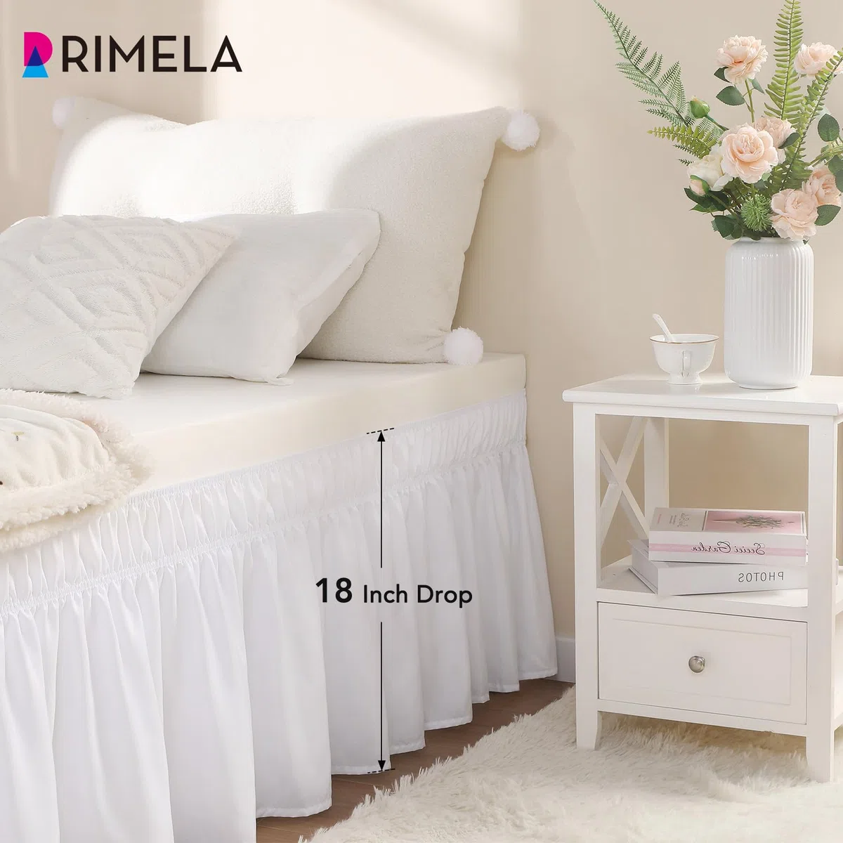 RIMELA Bettvolants Stoff Elastischer Bettrock Soft Brushed Mikrofaser Weiß Betthusse (90 x 200 x 45cm)