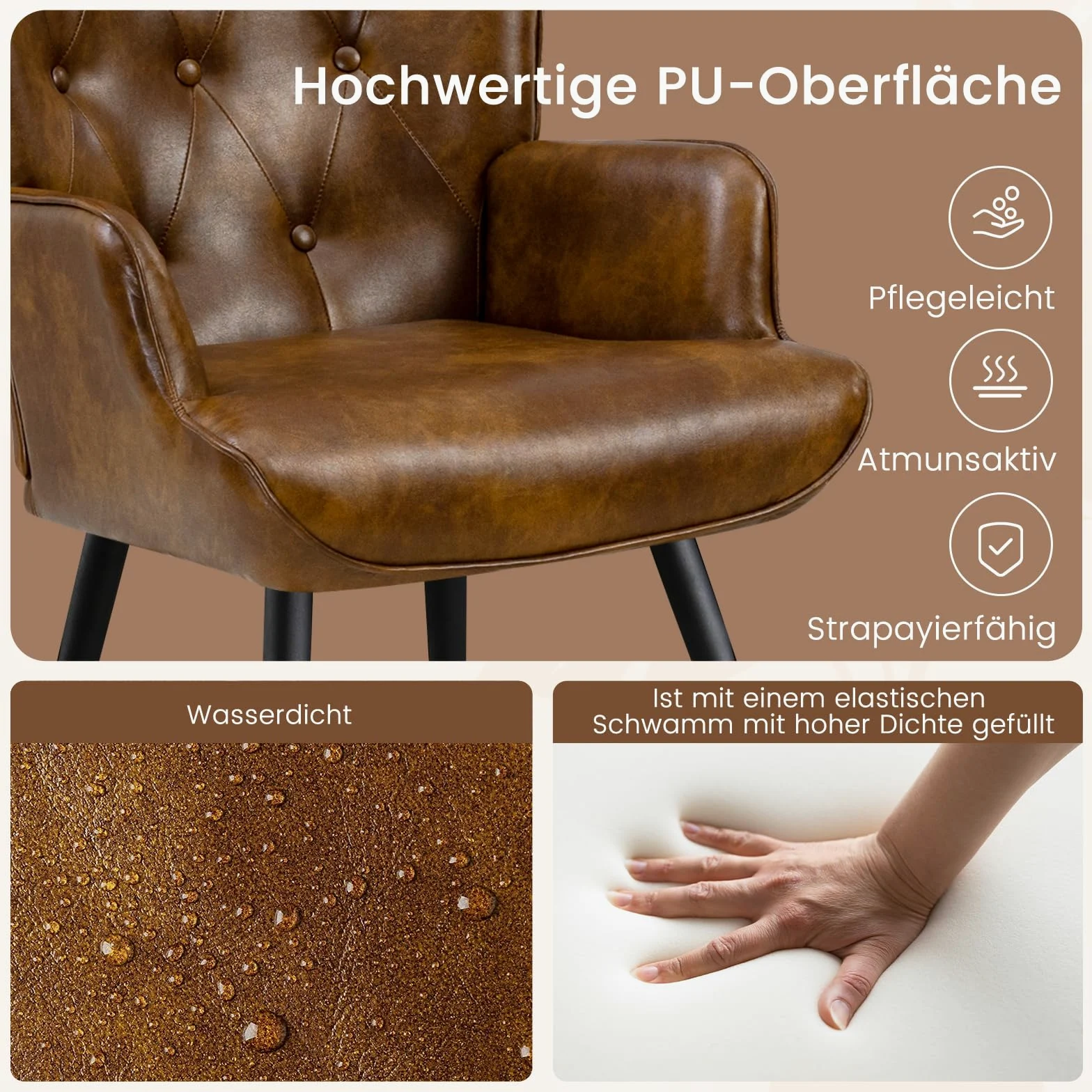 Sessel mit Hocker, Ohrensessel mit Hocker aus PU-Kunstleder, Sessel Wohnzimmer Relaxsessel mit Fußstütze Loungesessel Polstersessel fürs Wohnzimmer Schlafzimmer Arbeitszimmer, Braun