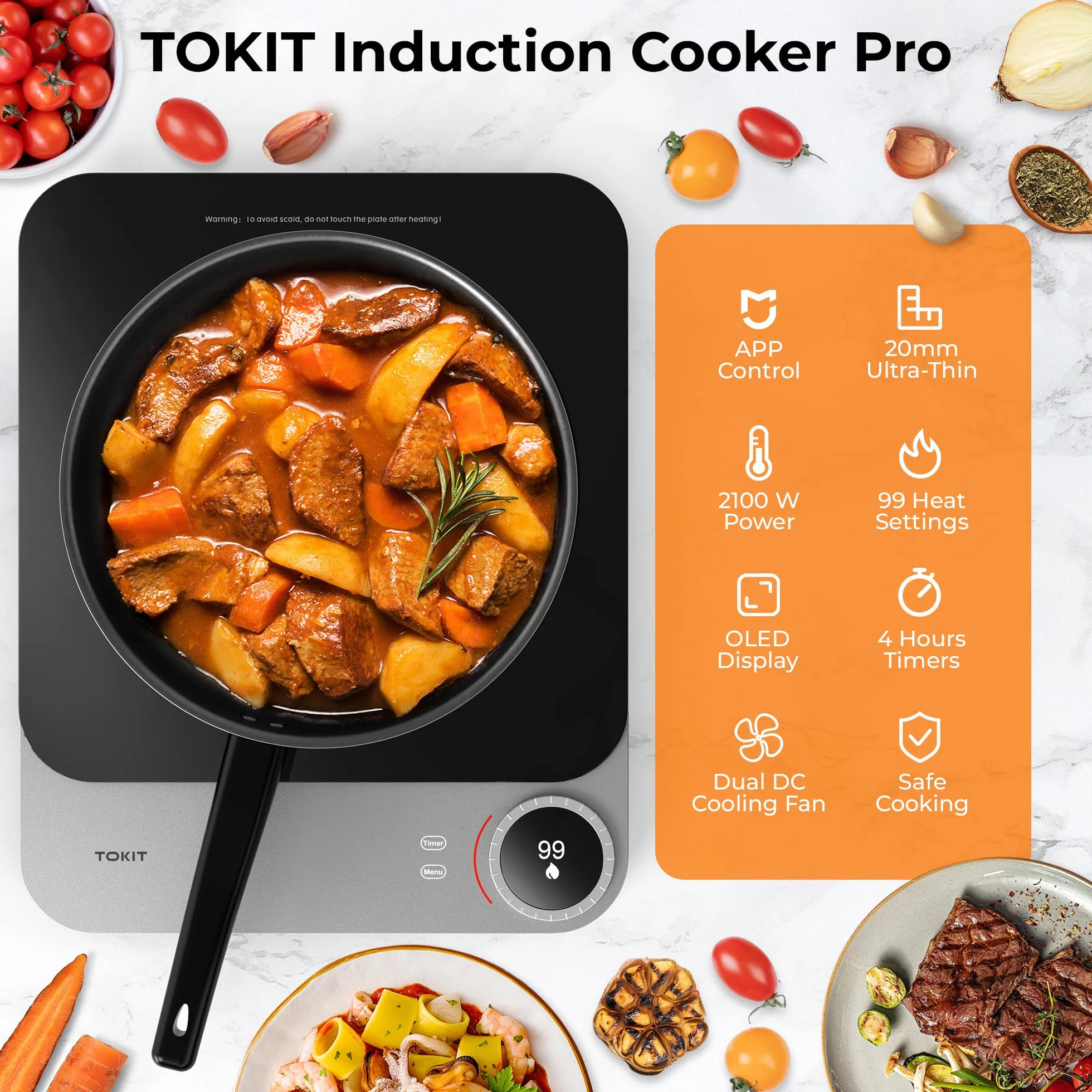 TOKIT Smart Induction Cooker Induktionskochfeld 2100W Einzel Induktionskochplatte tragbar 99 Leistungsstufe mit OLED Display, Timer, 20mm Ultradünn APP Kontrol Temperatursensor