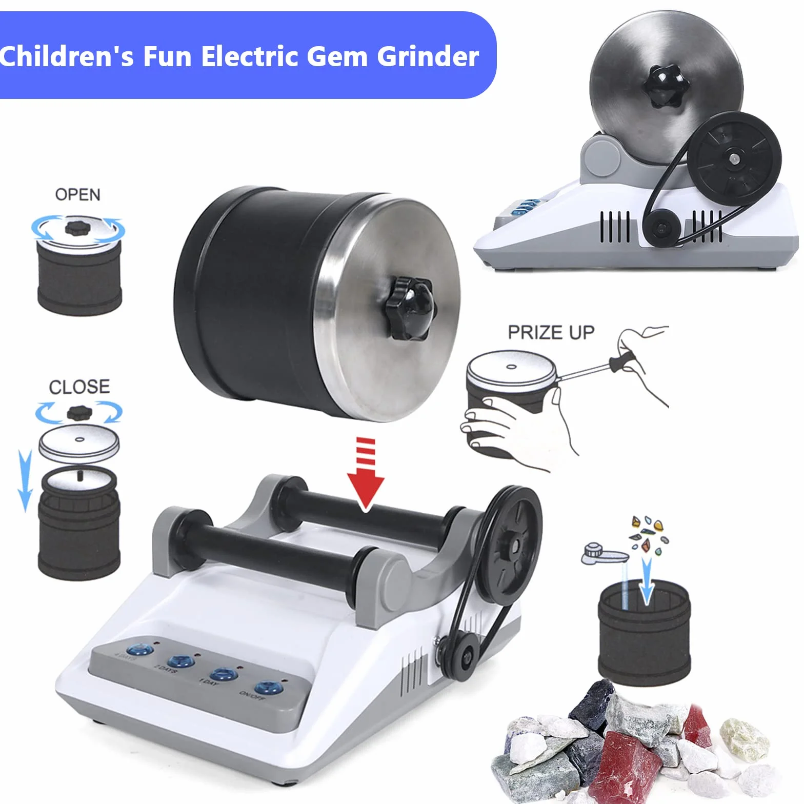 Rock Tumbler Kit, Professionelles Steinbecher Set Poliertrommel Steintrommel Steinschleifmaschine Rock Polisher 7 Tage Zeitmessung Funktion 4 Arten Polierpulver