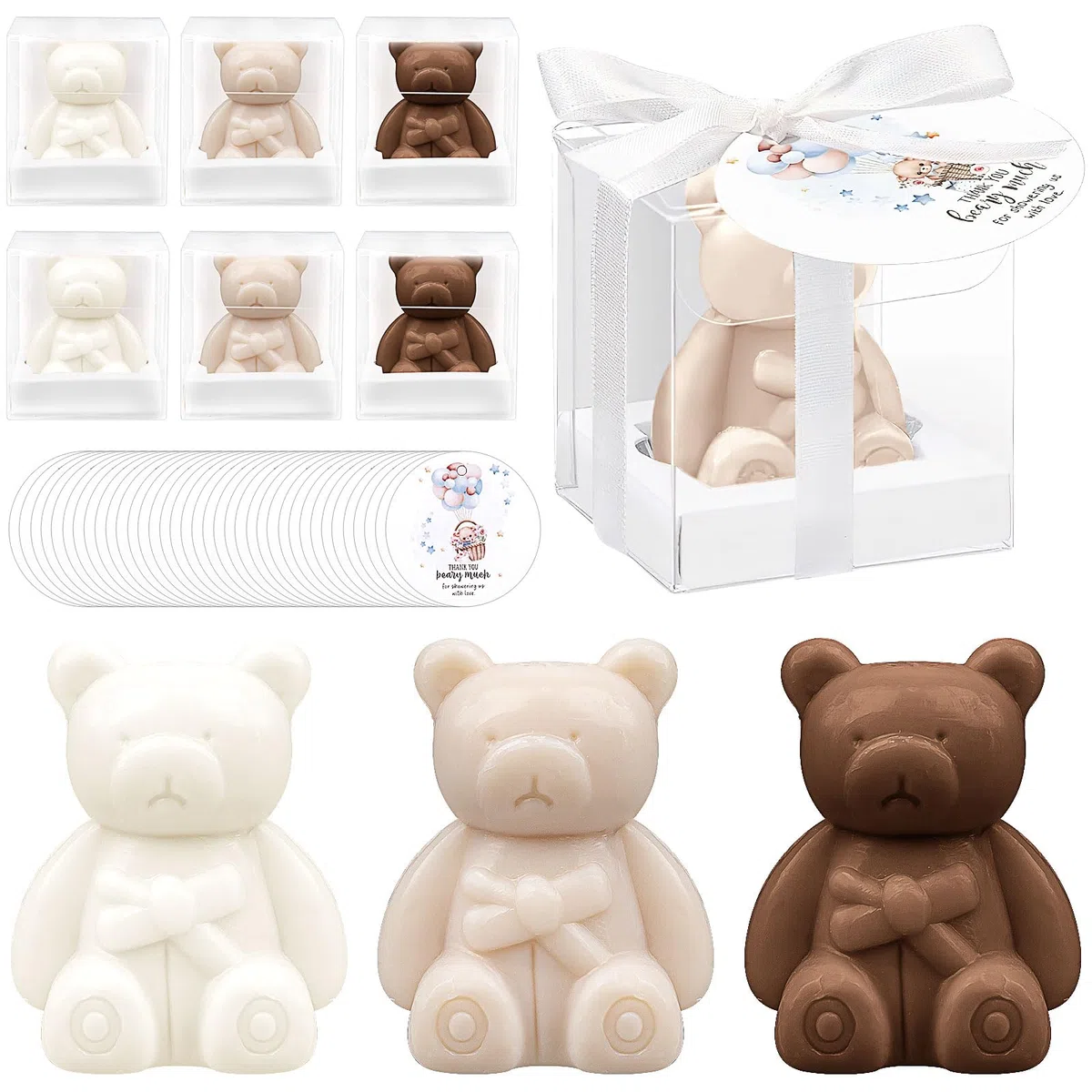 36 Stück Bärchen-Seifen Gastgeschenke, Mini-Seifen mit Geschenkbox & Dankeskarten, Duftseifen für Babyparty, Taufe, Hochzeit, Gender Reveal & Geburtstag – Weiß & Braun