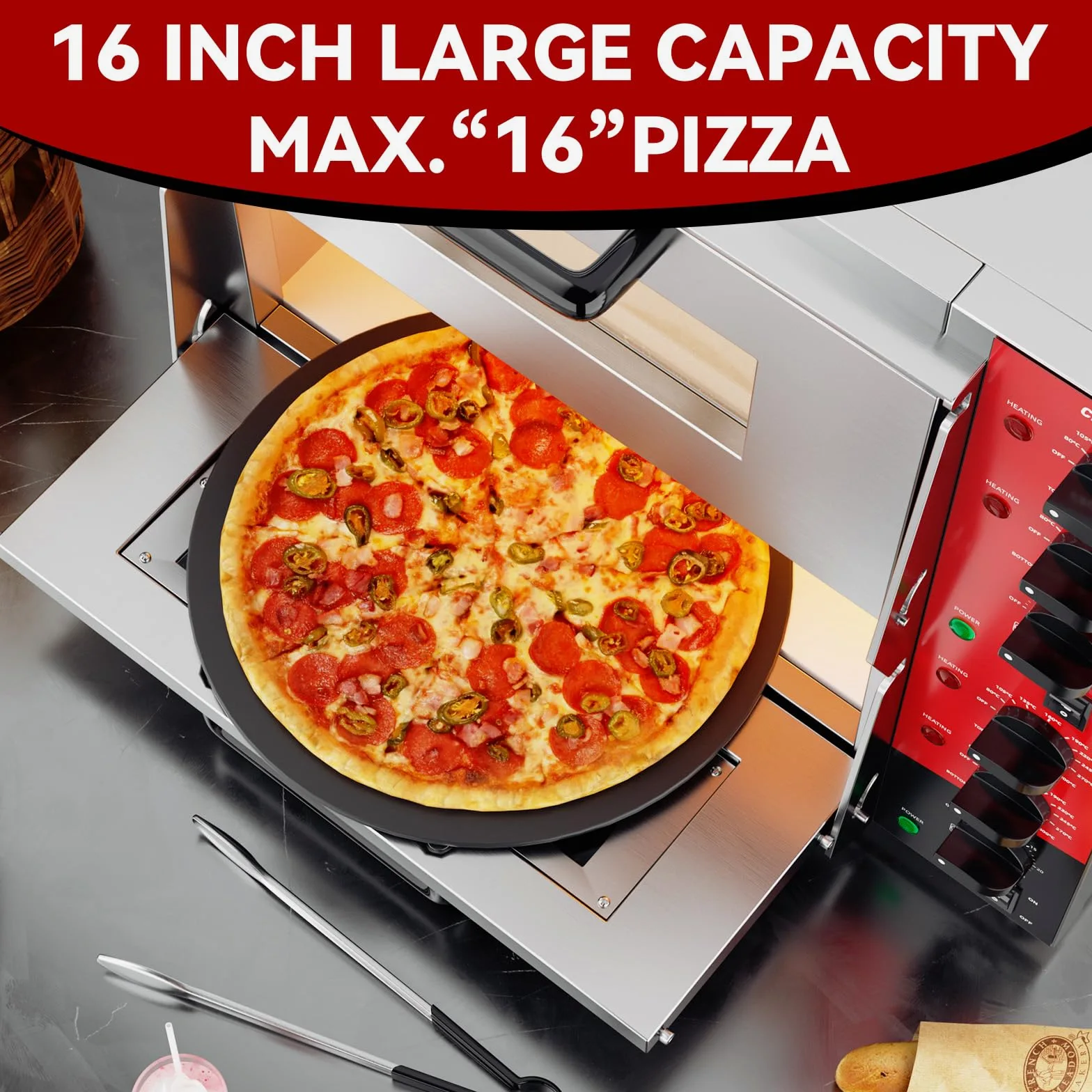 CROSSON Professional Doppel Pizzaofen mit 400x400 mm Schamottstein,Kommerzieller Pizzabackofen Elektrisch Edelstahl mit 30-Minuten-Timer 350℃ für Pizza, Brot und Backwaren,4000W