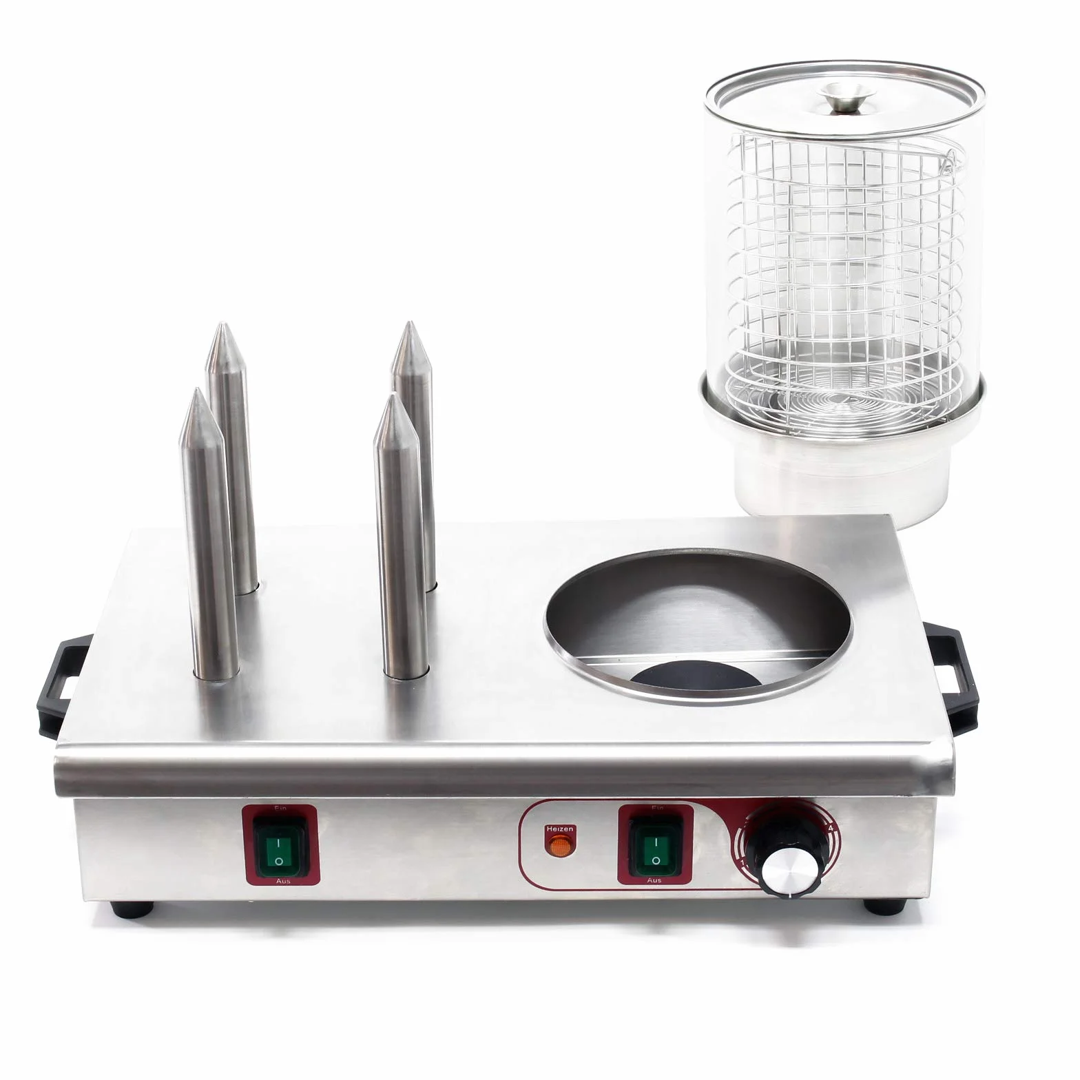 Wiltec Hot Dog Gerät 650 W aus Edelstahl mit 4 Heiz-Dornen, 475 x 290 x 380 mm, Wurstkocher Würstchenwärmer Hot Dog Maker Eierkocher Dämpfer