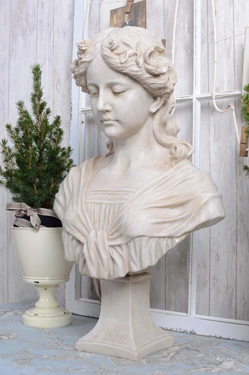 PALAZZO INT JUGENDSTIL BÜSTE „Madame Camille“ – Romantische Mädchenfigur im Shabby Chic Antik Look Polystein Skulptur 58 cm Französischer Stil Jugendstil Statue Deko für Haus Wintergarten & Garten
