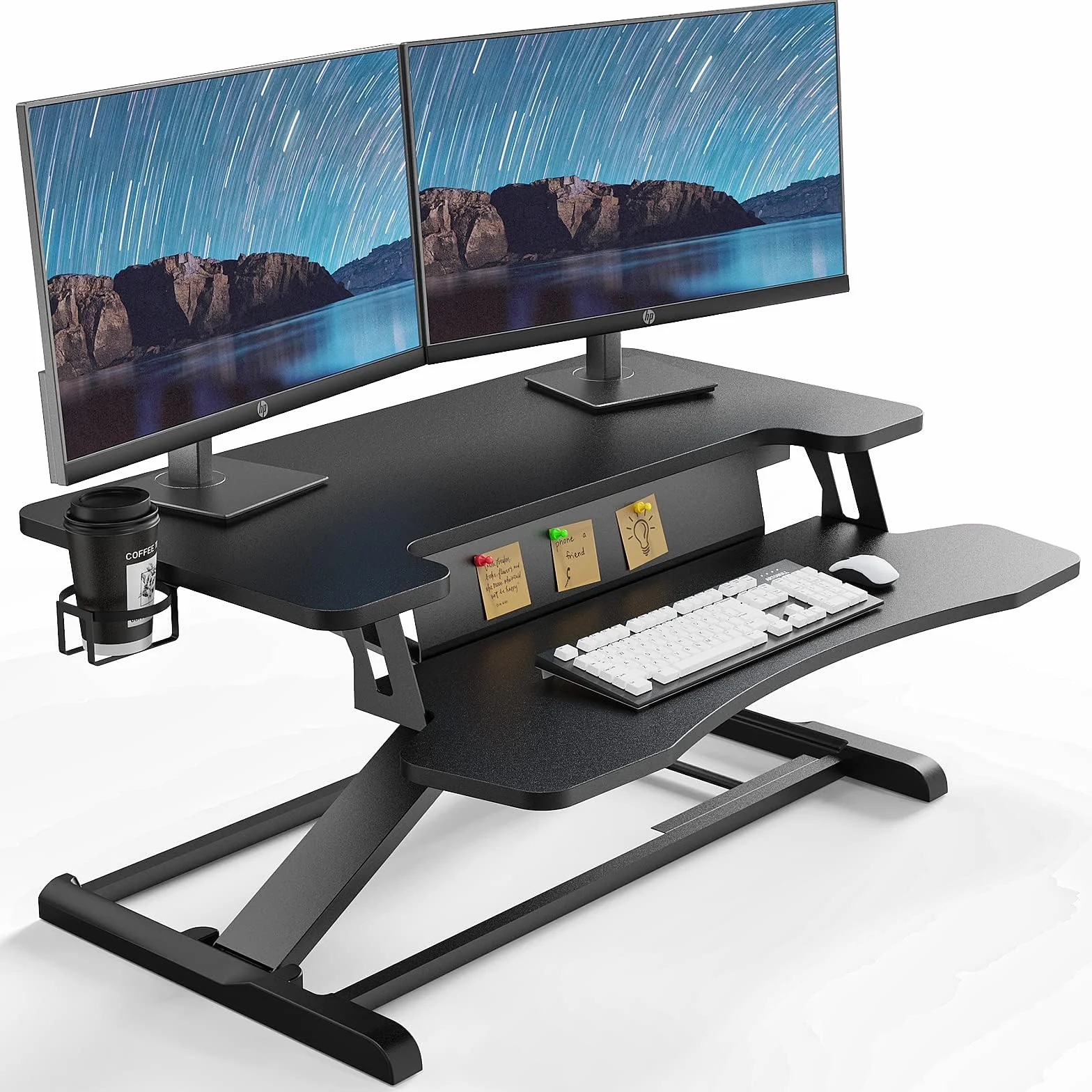 PUTORSEN Steh-Sitz Schreibtisch, 37'' Zweistufige Stehpult Konverter mit Tastaturablage, Höhenverstellbarer Stehpult Riser mit Tassenhalter und Notizbrett bis zu 15kg, Schwarz