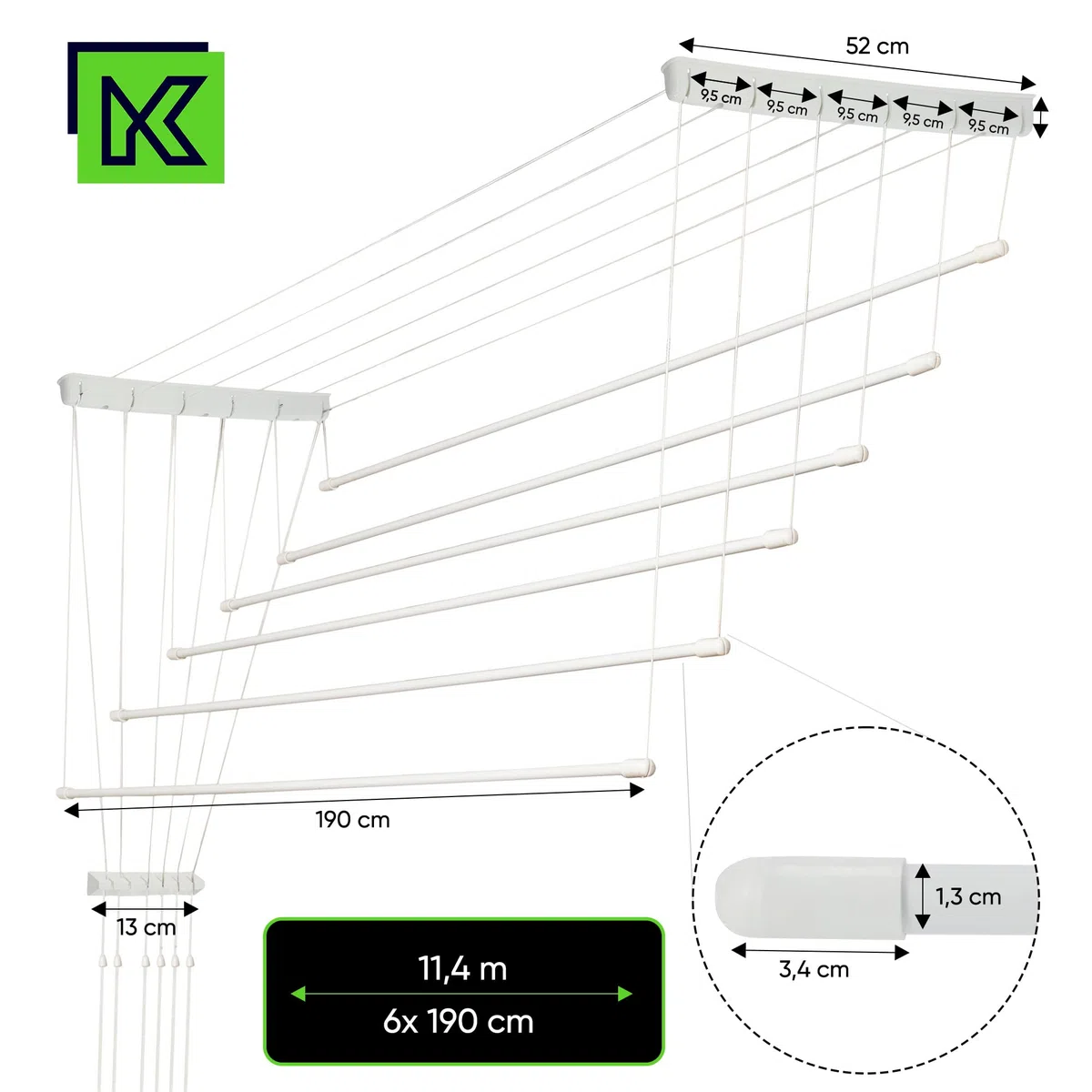 KADAX Deckenwäschetrockner, 11.4m Trockenfläche, Wäschetrockner für die Decke 6, Wandtrockner mit Polyethylen bezogenen Stahlsprossen, Deckentrockner Traglast 12kg (6x190/weiß)