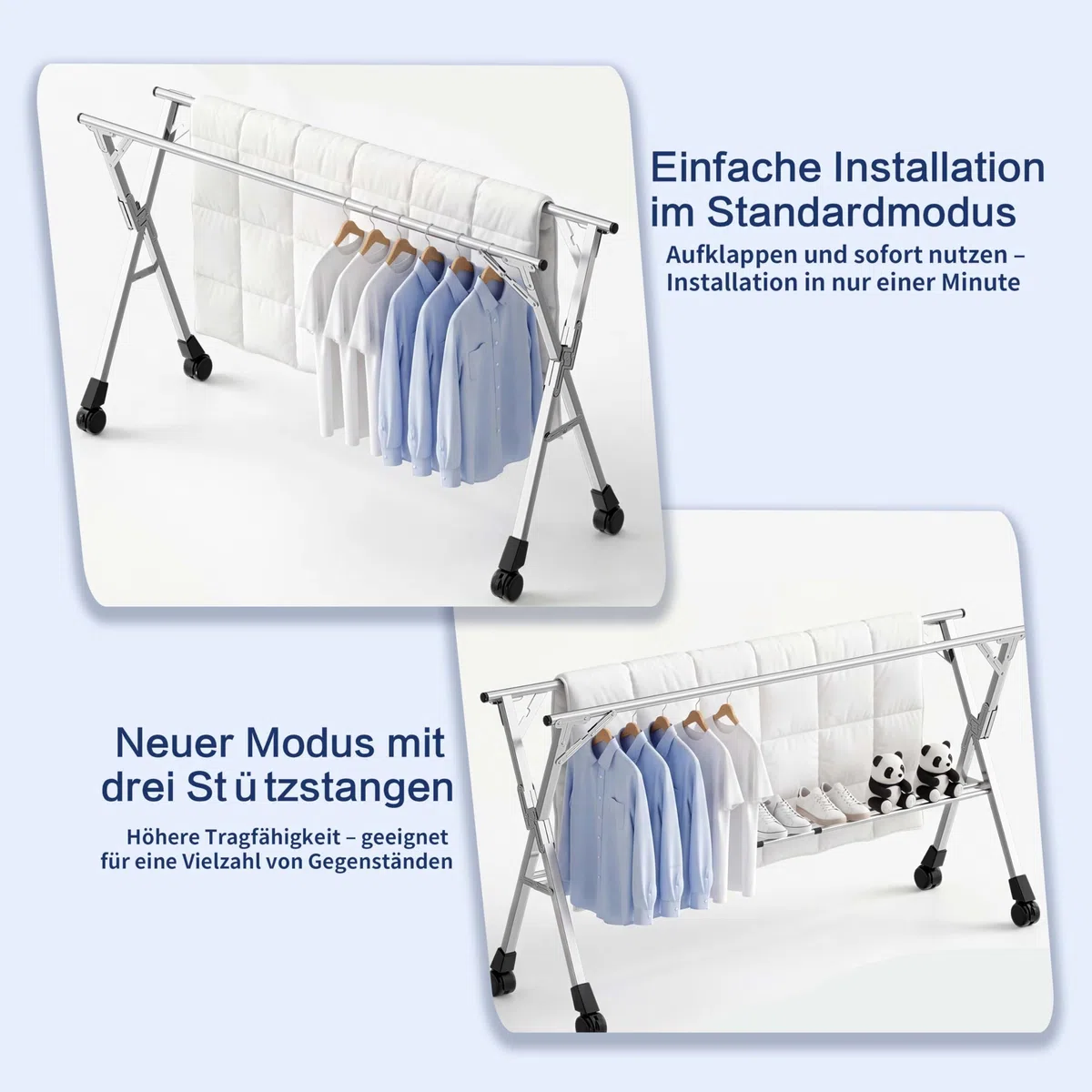 Wäscheständer 240 cm, Faltbarer Kleiderständer für drinnen und draußen, Wäscheständer zusammenklappbar, Wäscheständer aus robustem Edelstahl, Kleiderständer mit 20 Haken und 12 Klammern (240cm)