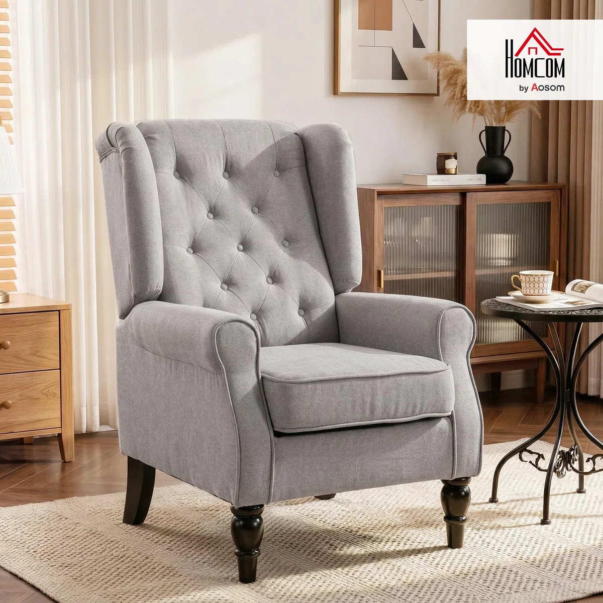 HOMCOM Sessel Ohrensessel mit Armlehnen, Loungesessel mit Kissen, Tufting, hoher Rückenlehne Armlehnensessel mit Holzbeine, Relaxsessel für Wohnzimmer, Schlafzimmer, Braun