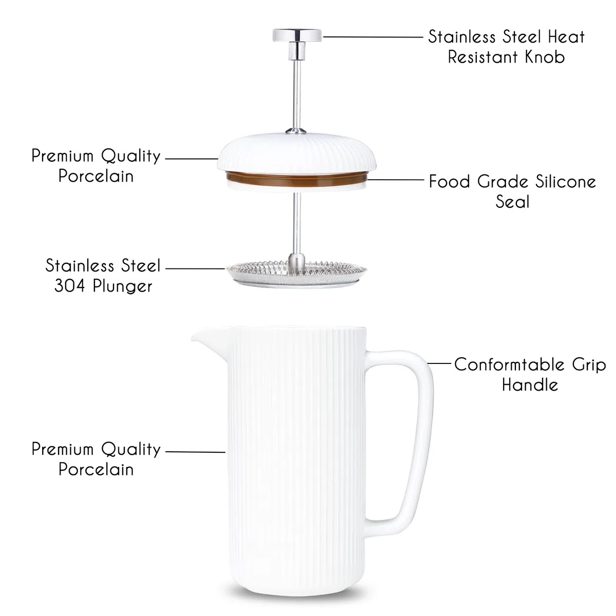 Easyworkz Porzellan-French-Press, 1000ml, Kaffeemaschine mit Edelstahl-Kolben, Elfenbein