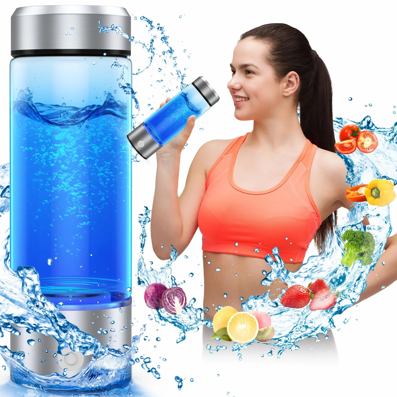 Roylvan Maker Maschine Wasserstoff Wasser Tragbarer, 450ml Wiederaufladbarer, Wasserstoff Wasserflasche Verbesserung der Wasserqualität in 3 Minuten Wasserstoff Wasserflasche für Haus Büro, Silber