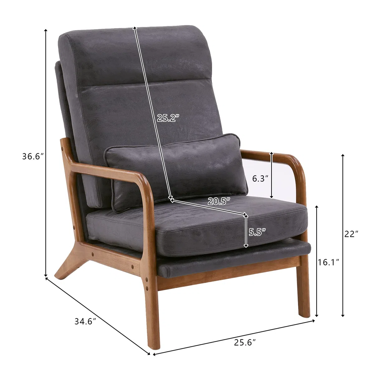 LEADZM Sessel Loungesessel, Armlehnstuhl Armlehnensessel Polstersessel, Armlehnen mit Massivholzrahmen, Lesesessel, Relaxsessel für Wohnzimmer, Schlafzimmer (Dunkelgrau)