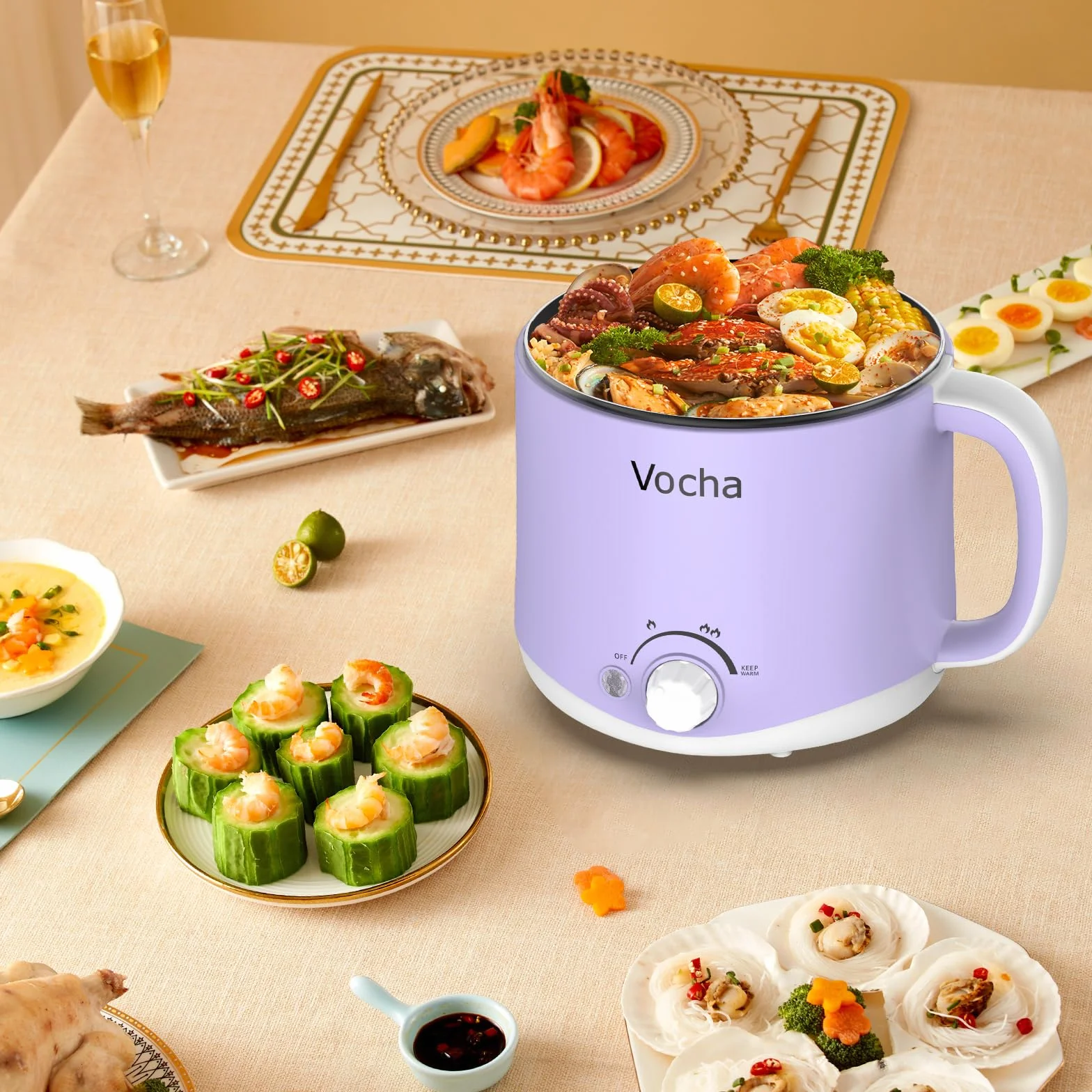 Vocha Elektrische Hot Pot, 1.6L Kleiner Kochtopf mit Warmhaltefunktion, Tragbare Schneller Suppentopf, Multi Reisekocher für Suppe/Ramen/Pasta/Haferflocken/Ei, mit Dual Power (Violet)