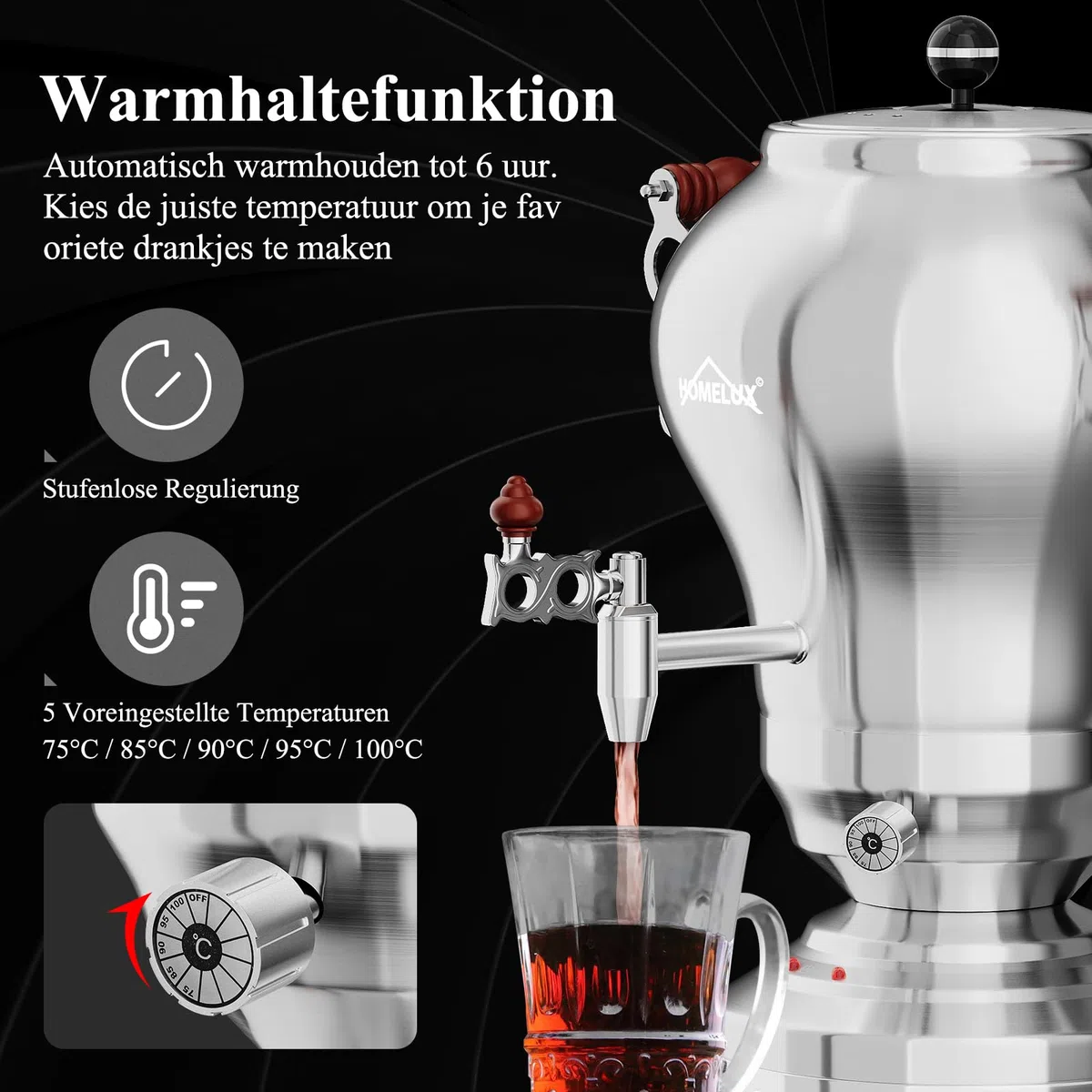 HOMELUX Elektrischer Samoware Edelstahl, 1850 Watt Teemaschine Wasserkocher 2.5L +1.2L Teekannen Set Großer Teekocher mit Warmhaltefunktion eingestellte Temperatur, Ablasshahn für Gastrobetriebe