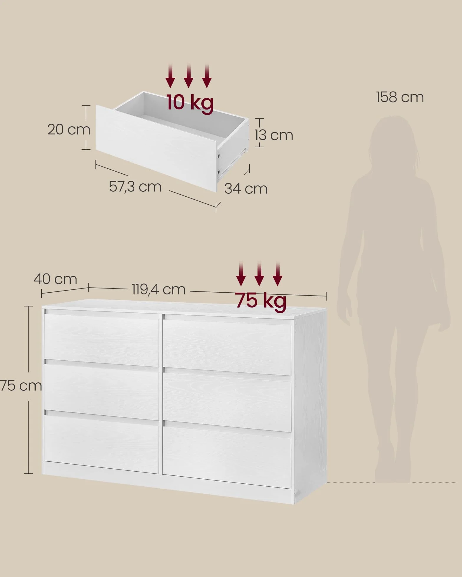 VASAGLE Kommode mit 6 Schubladen, Komodenschrank, Schubladenschrank, Wäschekommode, für Schlafzimmer, 40 x 119,4 x 75 cm, Modern Kailyn Kollektion, schneeweiß LTS616W01
