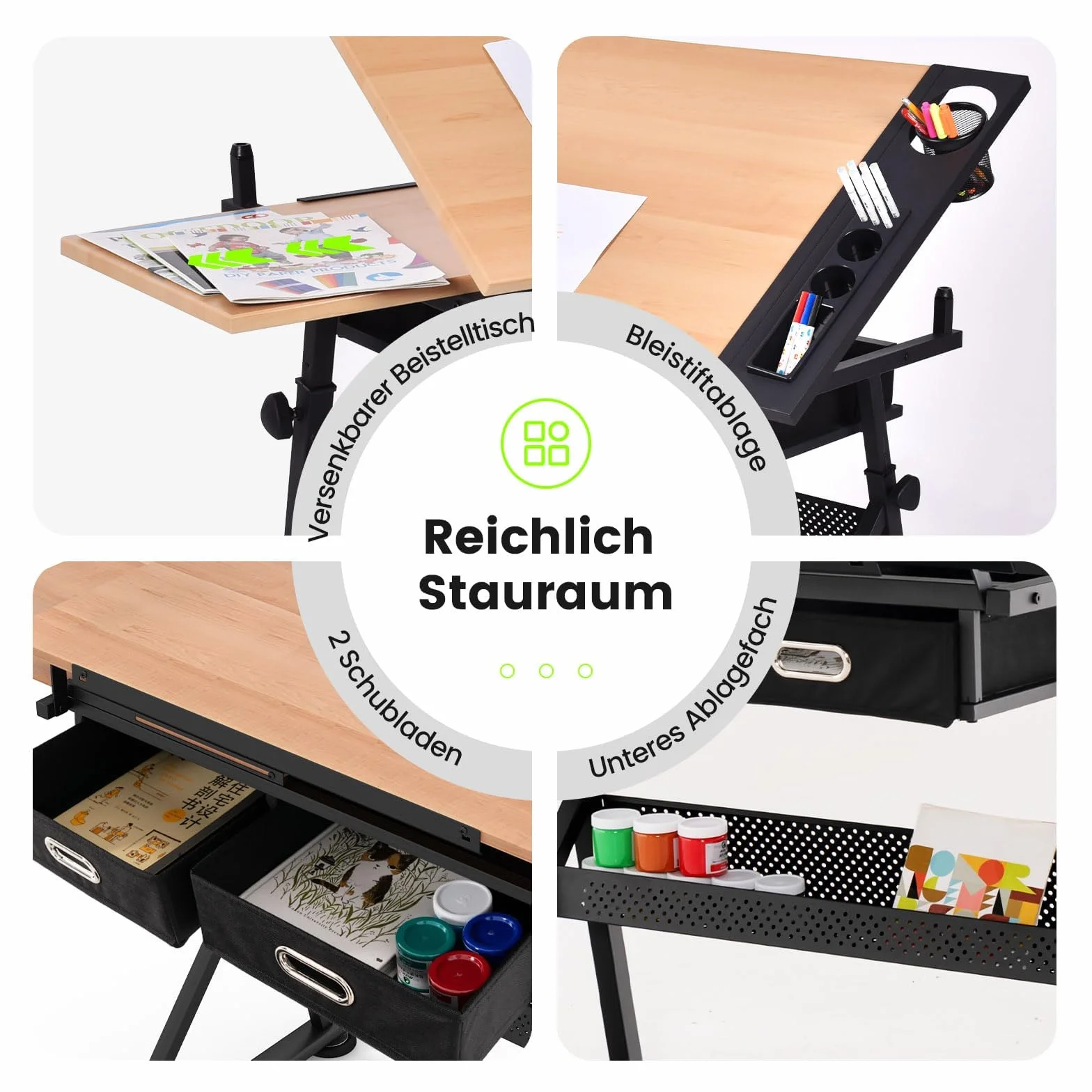 FANTASK Zeichentisch mit Hocker, Architektentisch höhenverstellbar, Schreibtisch mit neigbarer Tischplatte, Schülerschreibtisch mit 2 Schubladen, Arbeitstisch für Architekt & Künstler (Natur)