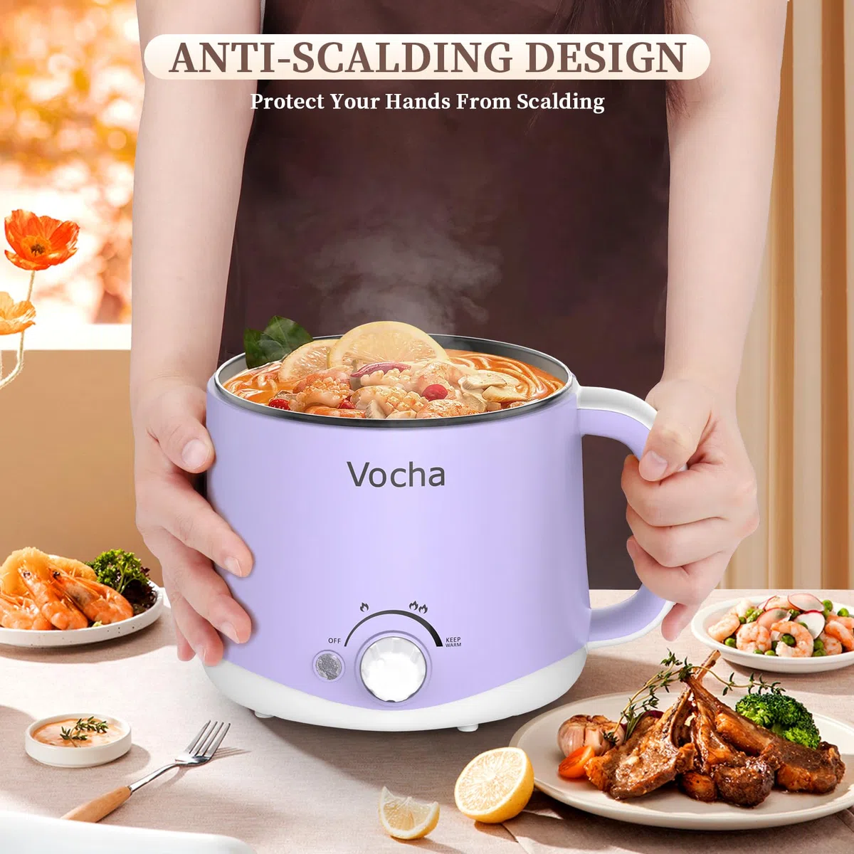 Vocha Elektrische Hot Pot, 1.6L Kleiner Kochtopf mit Warmhaltefunktion, Tragbare Schneller Suppentopf, Multi Reisekocher für Suppe/Ramen/Pasta/Haferflocken/Ei, mit Dual Power (Violet)