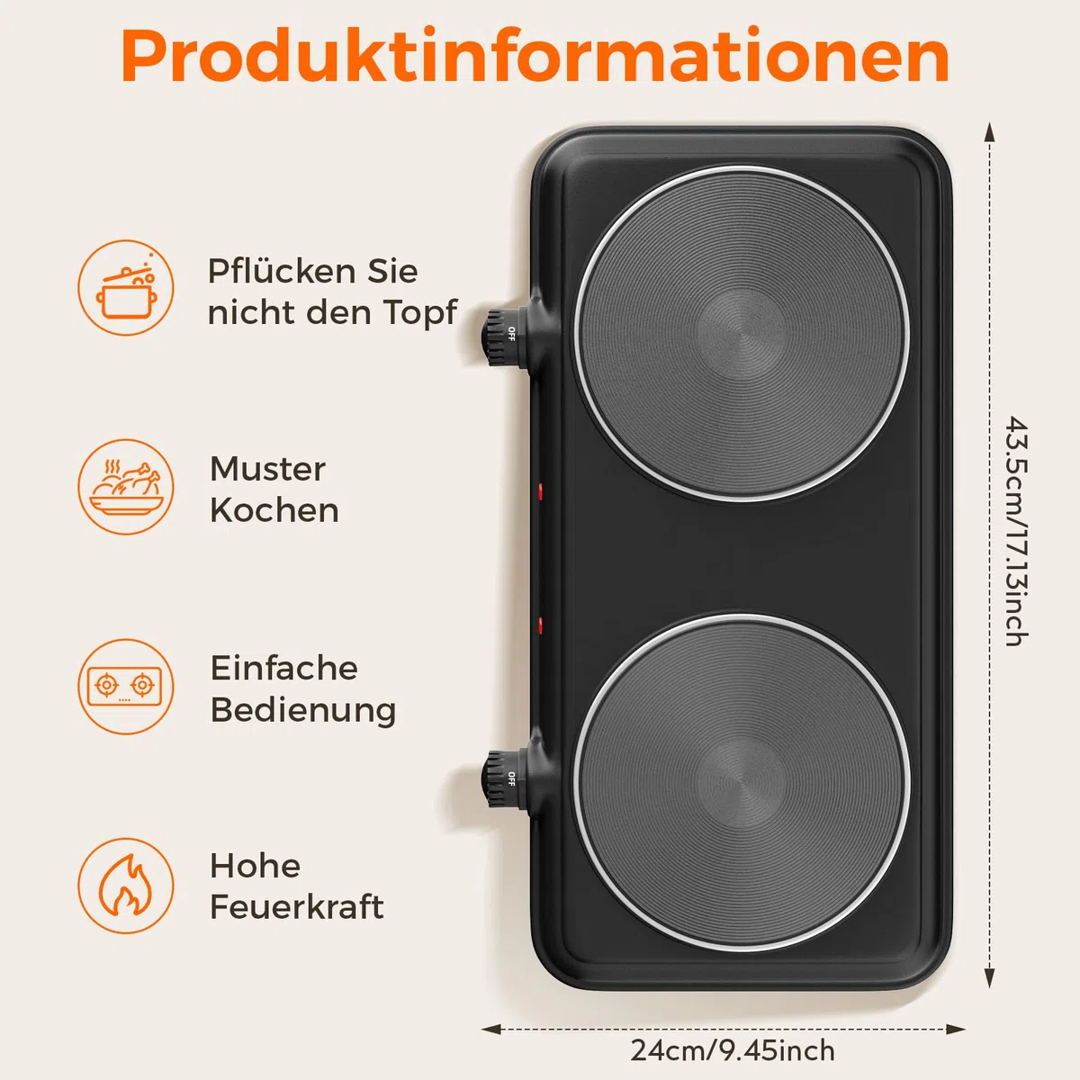 Doppel Kochplatte für Küche, 2000W elektrische Kochplatte mit 2 Kochfeldern, Temperaturregelung, tragbarer Kocher und leicht zu reinigender Edelstahlfuß (Schwarz M)