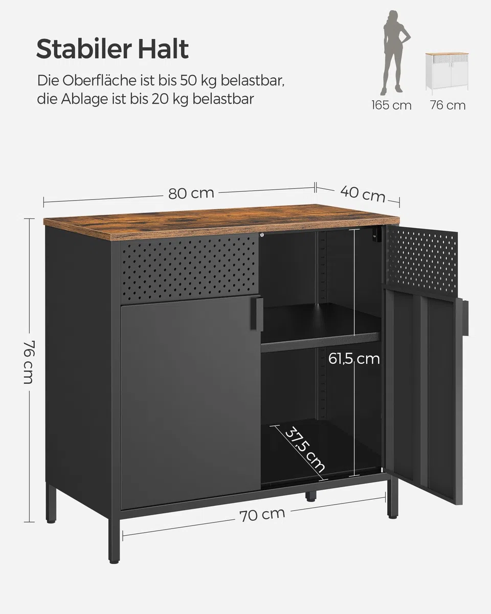 SONGMICS Aufbewahrungsschrank, Metallschrank, mit Doppeltür, Magnetverschluss, Verstellbarer Einlegeboden, Stahlgestell, 40 x 80 x 76 cm, vintagebraun-schwarz LSC102B01