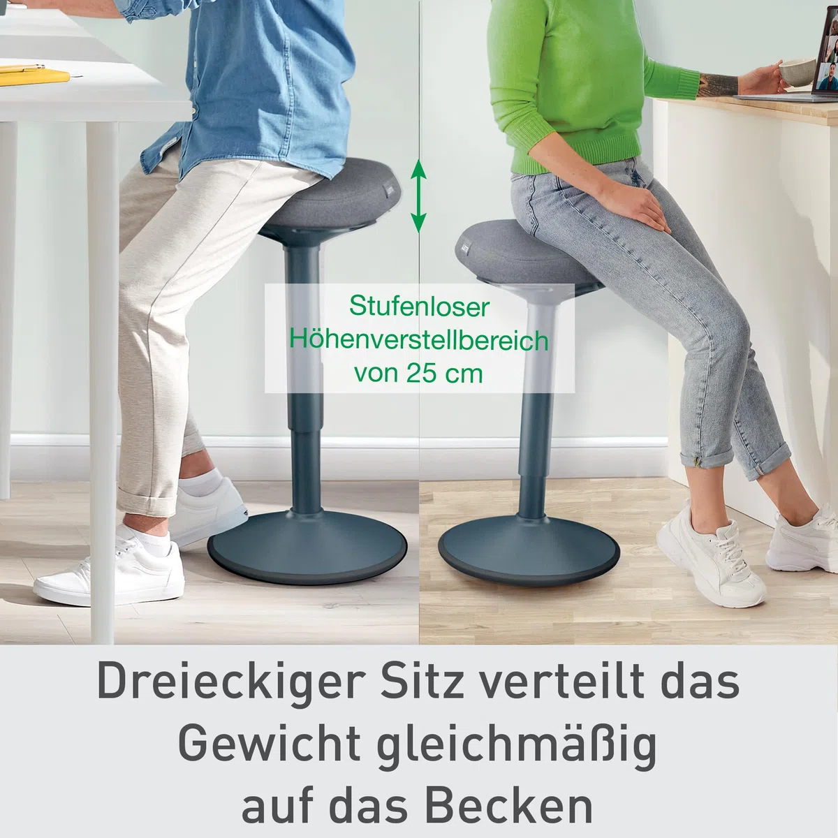 Leitz Ergo Active Stehhocker mit Dual Density Foam Komfortsitz, Bürohocker höhenverstellbar von 57 bis 82 cm, Sitzbezug aus 100% Recycling-Material, Für bis zu 110kg, Ergo-Serie, Dunkelgrau, 65450089