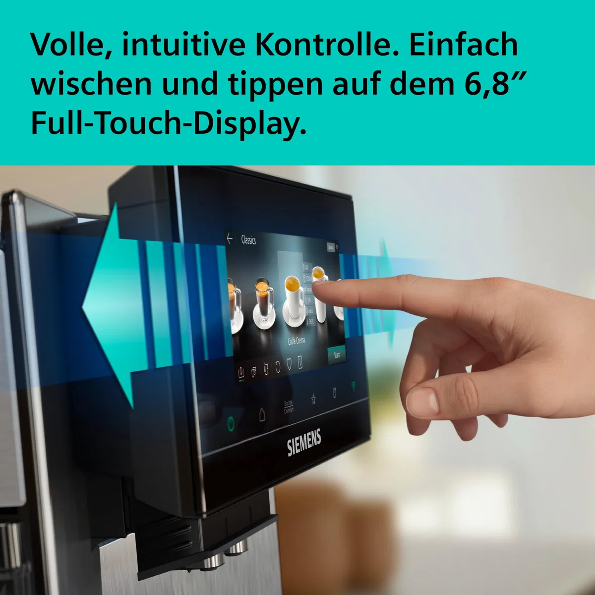 Siemens Kaffeevollautomat EQ900 iAroma, personalisierbare Einstellungen, präzises Mahlwerk, großes, intuitives Full-Touch-Display, Silber, TQ923E03