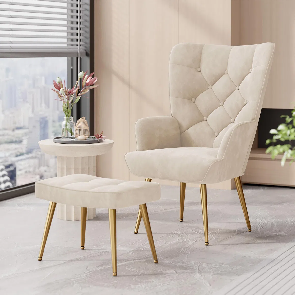 Hawthyhome Eleganter Sessel polsterstuhl Ohnzimmer Sessel Schminktisch Stuhl mit Hocker mit Metall Beinen fürs Wohnzimmer/Schlafzimmer Bis 150 KG belastbar Beige