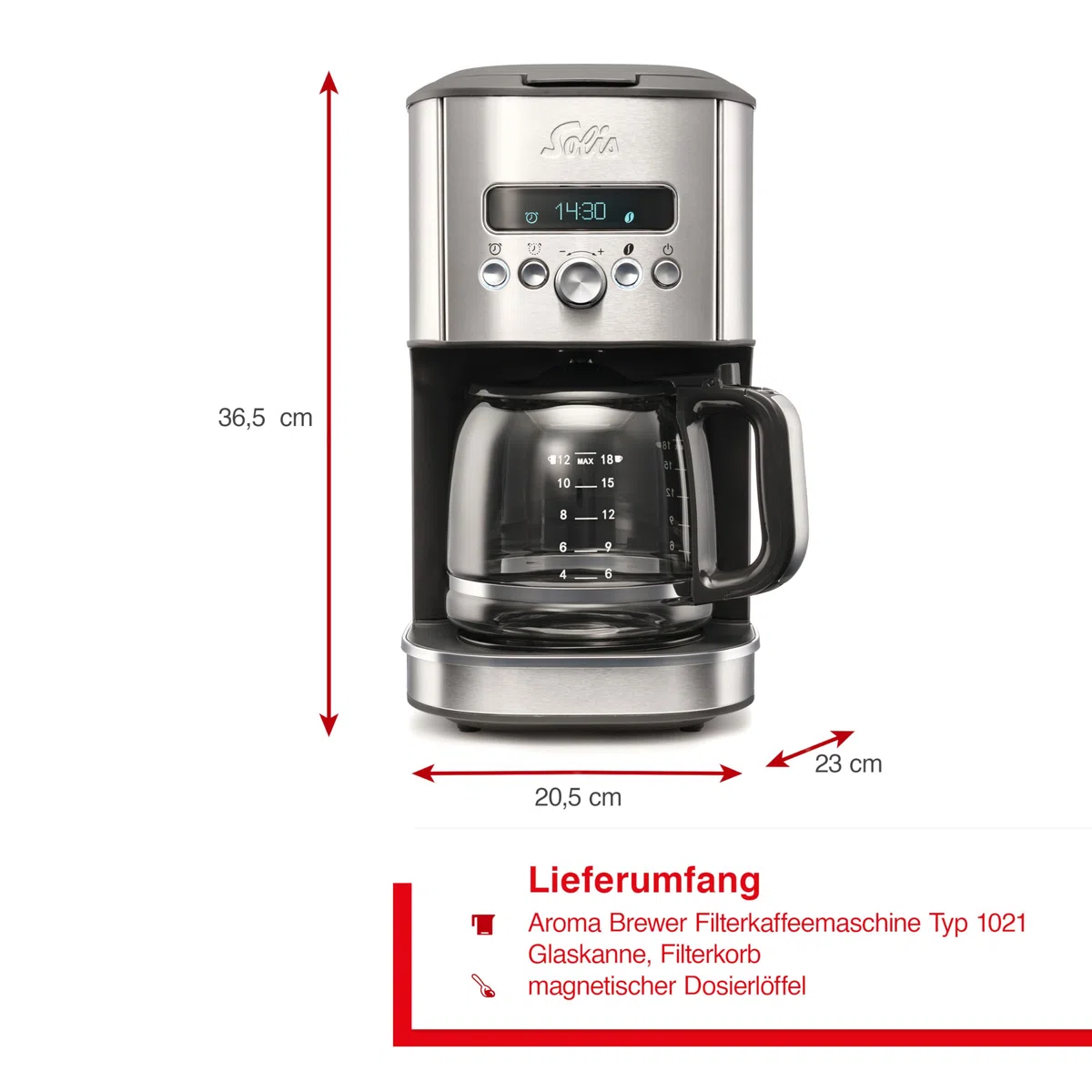 Solis Aroma Brewer Filterkaffeemaschine Typ 1021 – Frisch gebrühter Kaffee auf Knopfdruck, mit Timer, Aromawahlschalter, 1,8L Wassertank, Warmhaltefunktion, Edelstahl-Design, Glaskanne & Dosierlöffel