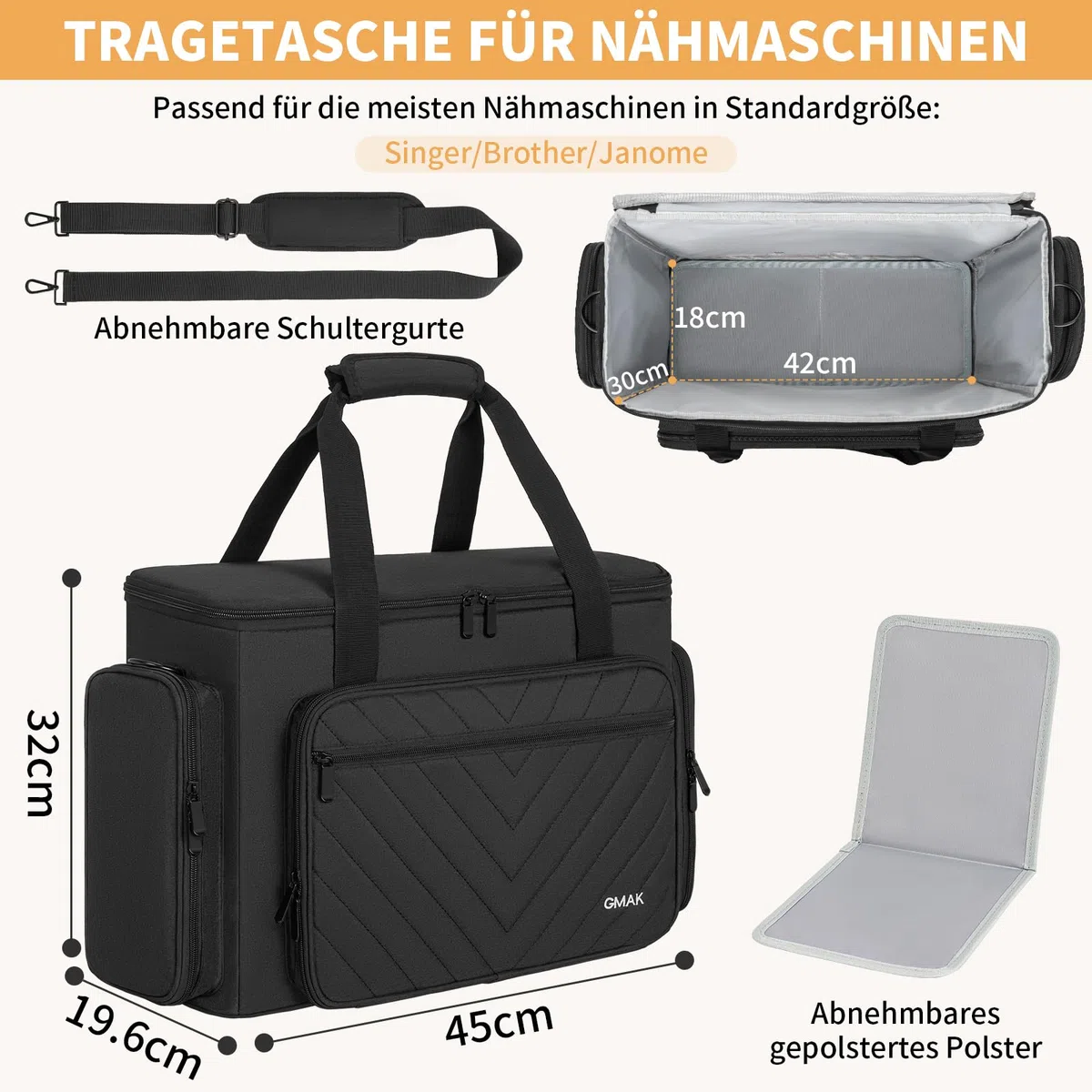 OUUTMEE Nähmaschinentasche,Nähtasche Passend mit Tragegriff und Schultergurt für die meisten in Standardgröße Nähmaschine,Schwarz