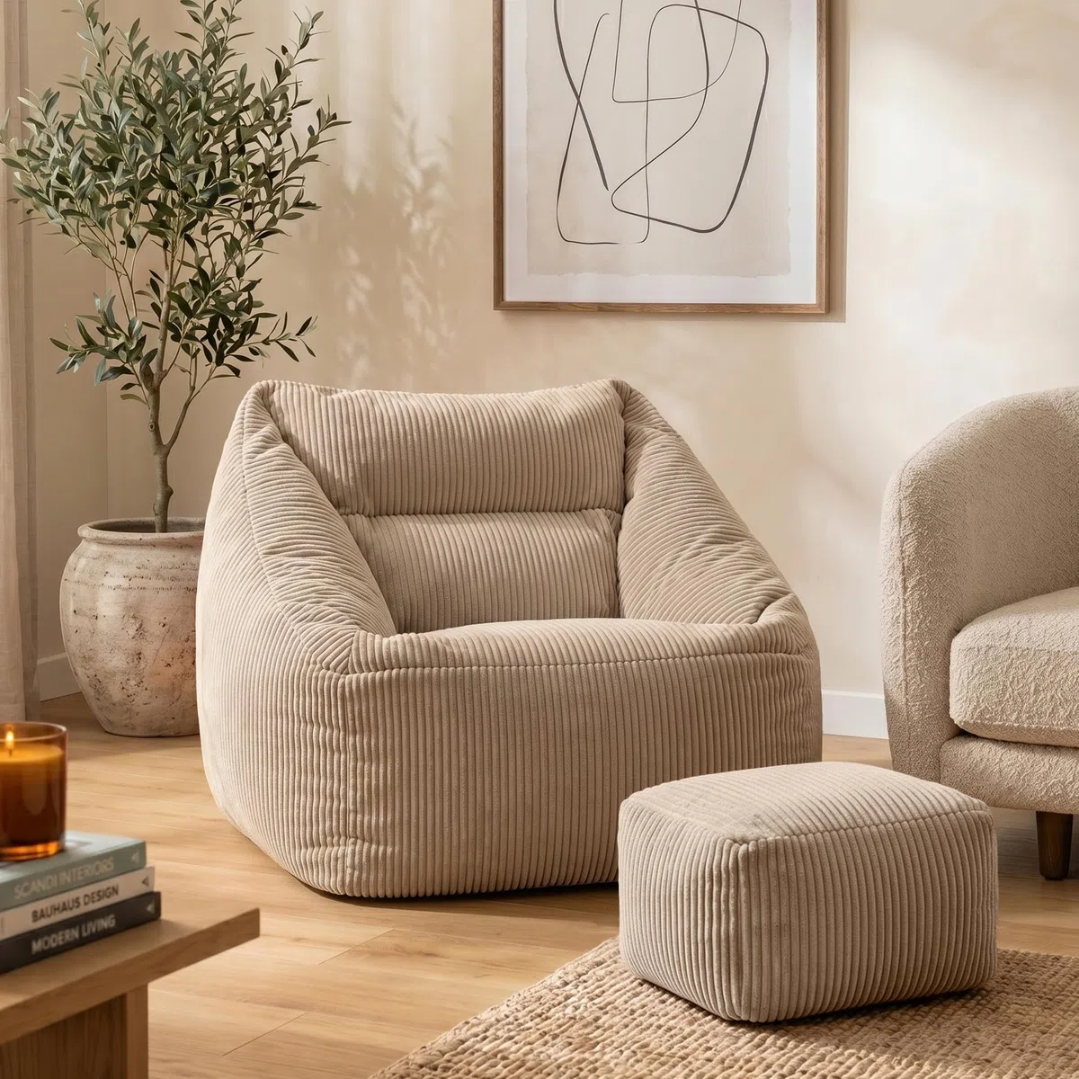 Icon Natalia Sitzsack Sessel mit Hocker für Erwachsene, Beige, Flauschiger Cord Stoff, Riesen Sitzsack Cord mit Füllung, Bean Bag Chair, Bequemer Sessel Wohnzimmer, Lounge, Schlafzimmer, Büro