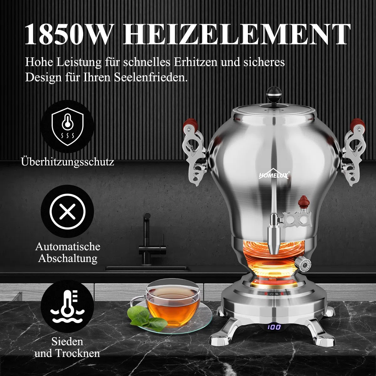 HOMELUX Elektrischer Samoware Edelstahl, 1850 Watt Teemaschine Wasserkocher 2.5L +1.2L Teekannen Set Großer Teekocher mit Warmhaltefunktion eingestellte Temperatur, Ablasshahn für Gastrobetriebe