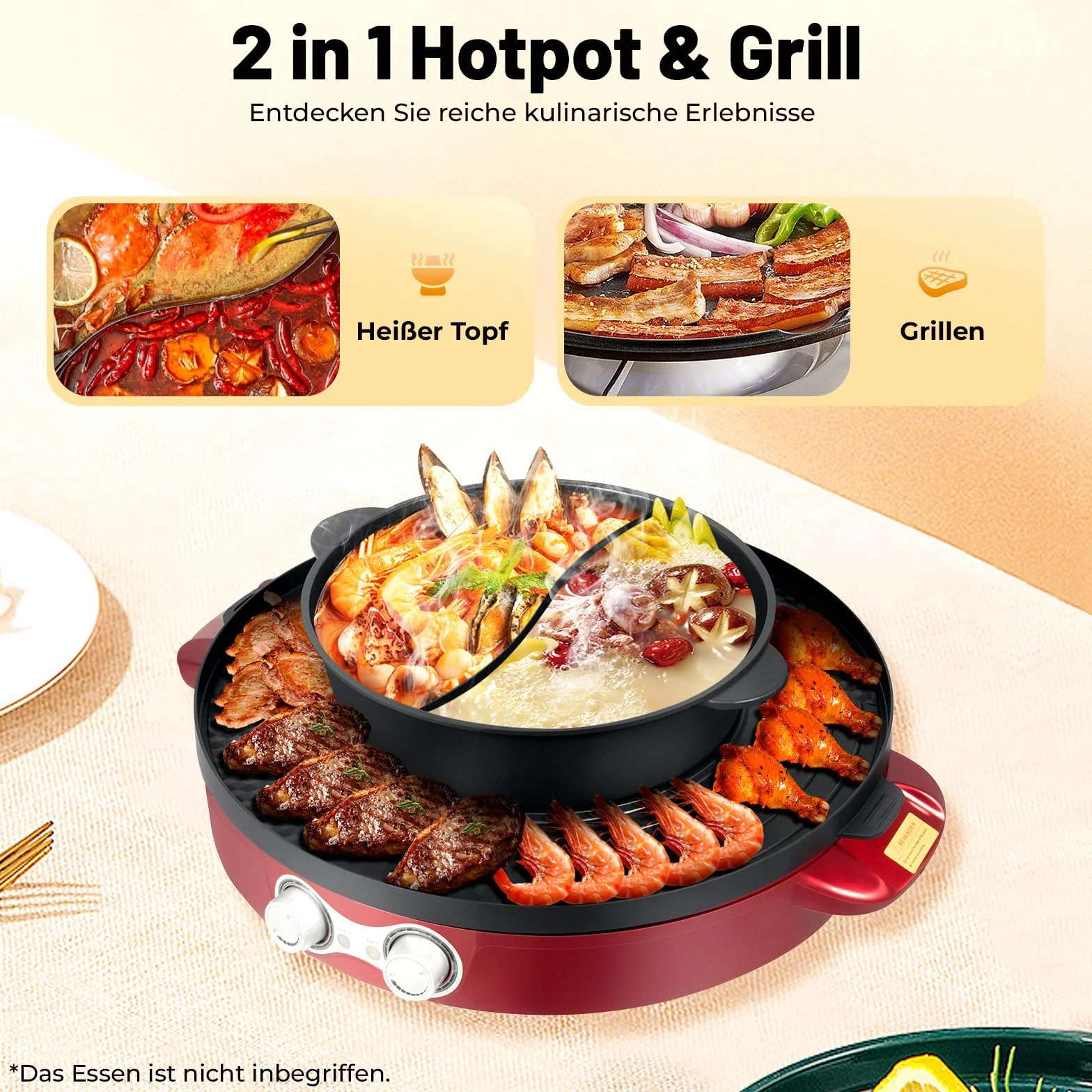 2200W Hot Pot Elektrisch Hotpot Topf 220V Elektrogrill 2 in 1 Multifunktion Elektrische Grill Hot pot mit Abnehmbar Kochplatte, Elektrische Hot Pots für Wohnheim Zuhause (Rot)