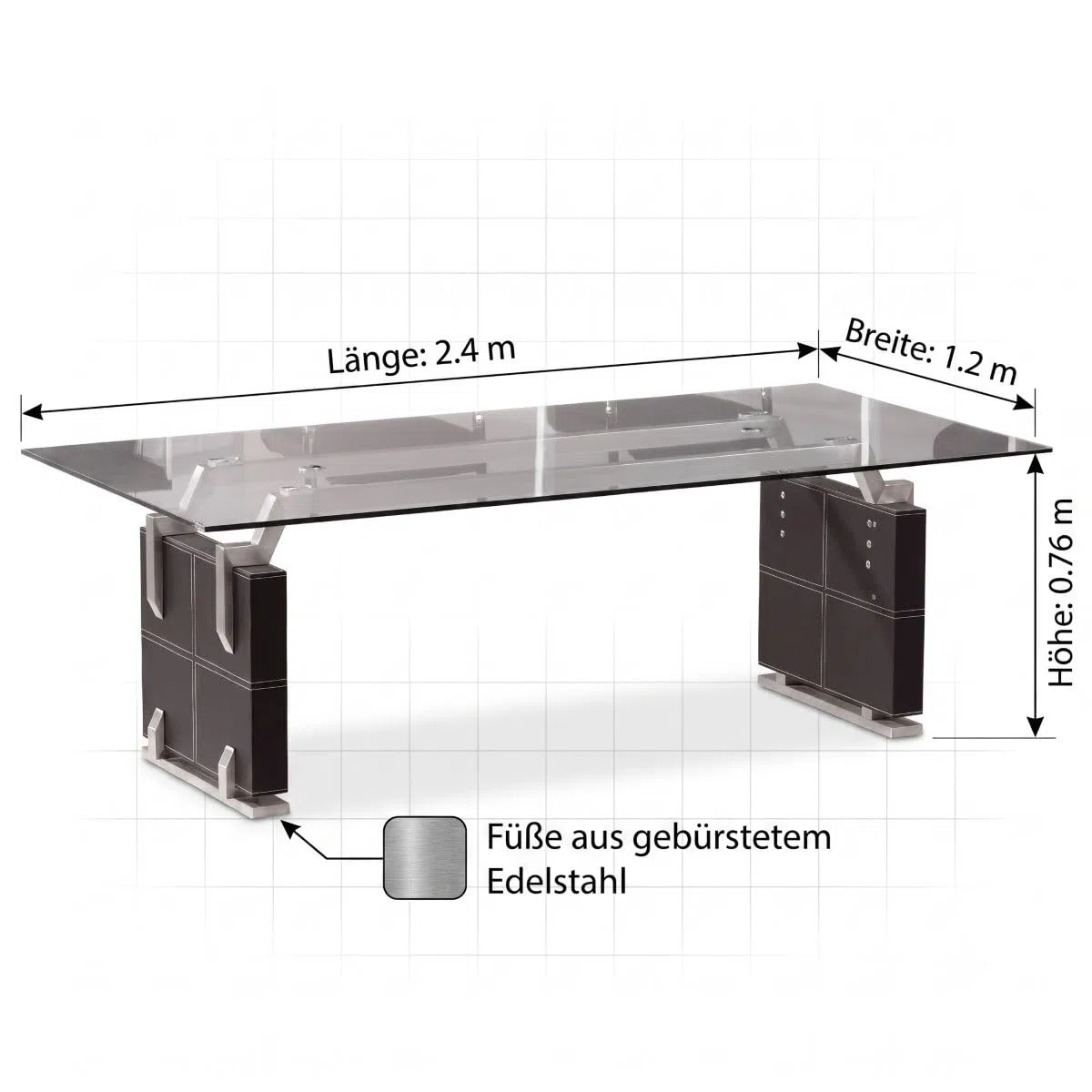 Jet-Line Besprechungstisch Verona Konferenztisch 240 x 120 x 76 cm Schwarz mit Glasplatte aus Sicherheitsglas Kunstlederüberzug Edelstahl Gebürstet