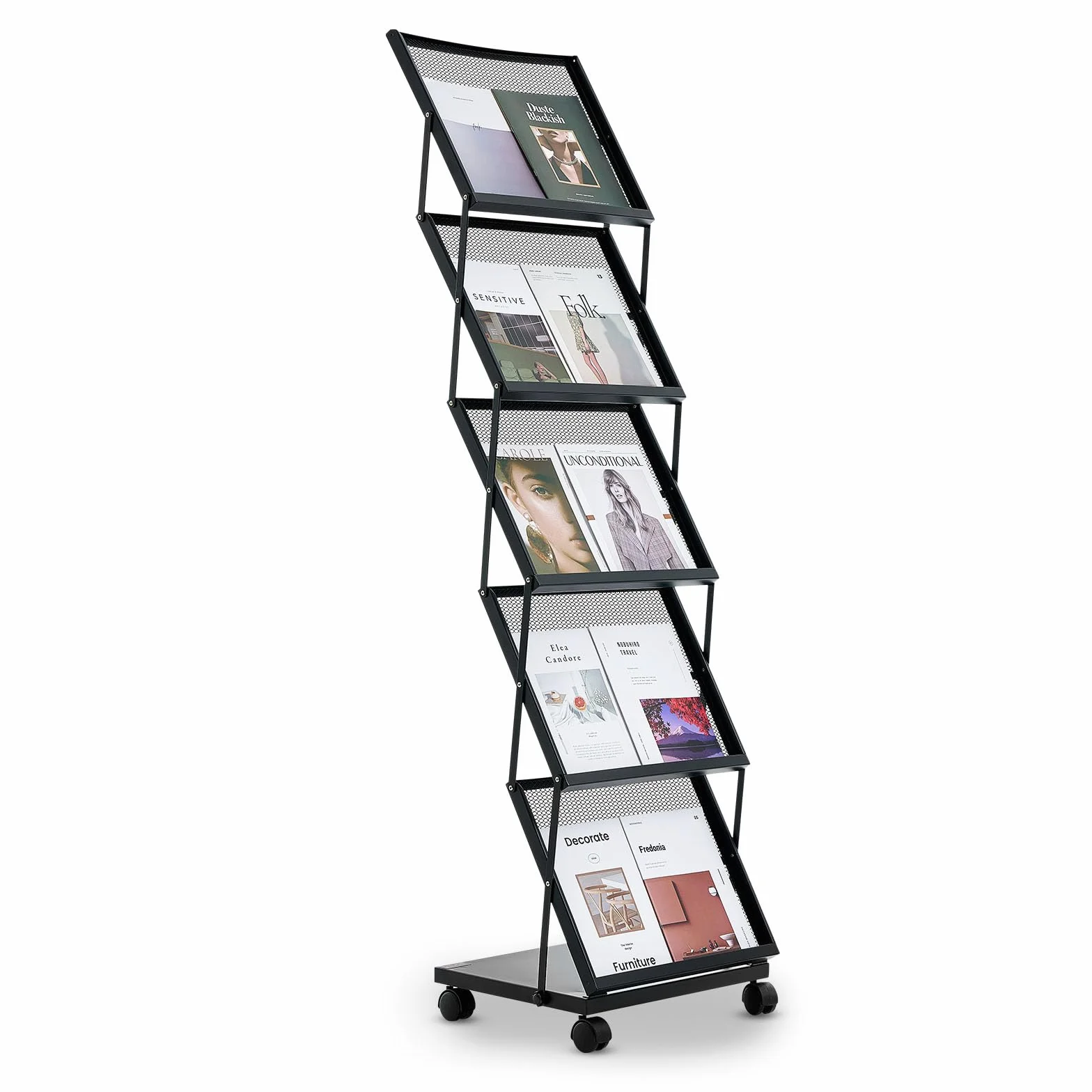 VEVOR faltbarer Prospektständer Zeitschriftenständer mit 5 Taschen, rollbarer Literaturständer Kataloghalter Schrägsteller, Buchständer Bodenaufsteller für Messe, Büroshows, Ausstellung