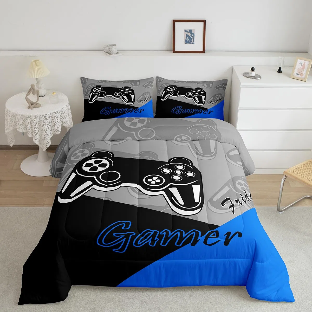 Feelyou Gaming-Bettwäsche-Set für Jungen, Teen Videospiel, für Kinder, Gamer, Schmusetuch für alle Jahreszeiten, Gamepad, Heimdekoration für Schmusetuch, Doppelgröße, Schwarz, Grau