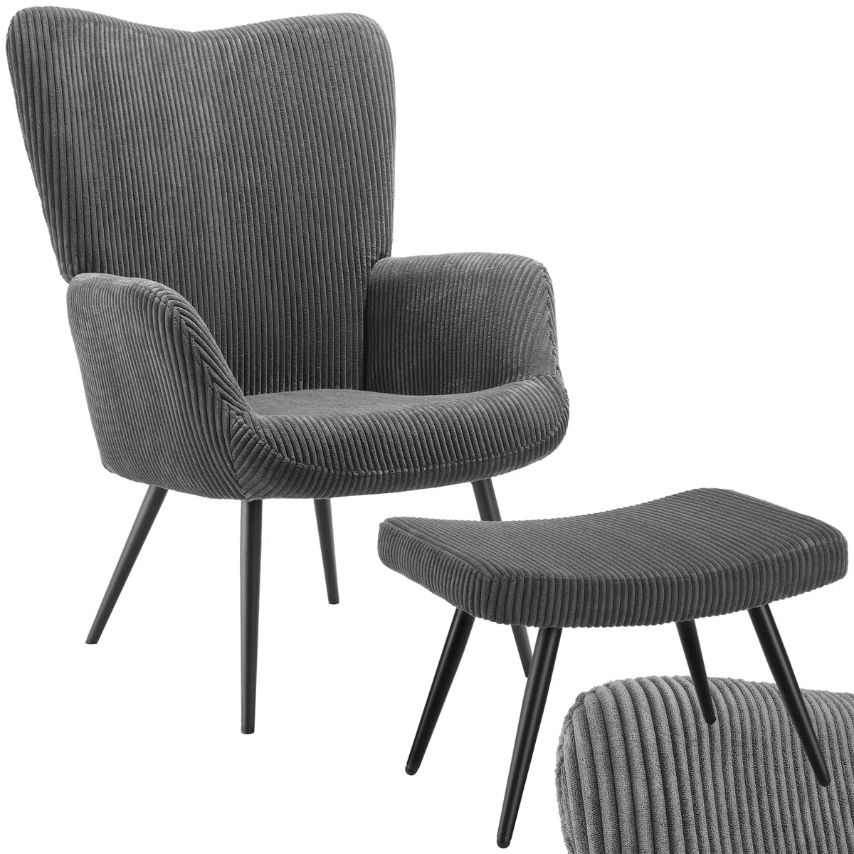tectake® Skandinavischer Stil Ohrensessel, Sessel Hygge mit Hocker, Breitcordbezug, Sessel Wohnzimmer, Schlafzimmer, Esszimmerstuhl, Statement Loungesessel, belastbar bis 150 kg - anthrazit/schwarz