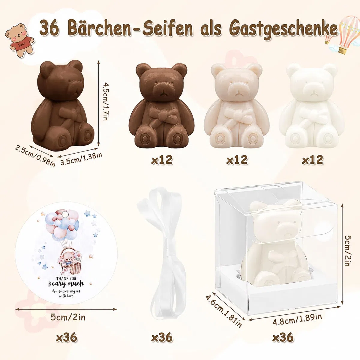 36 Stück Bärchen-Seifen Gastgeschenke, Mini-Seifen mit Geschenkbox & Dankeskarten, Duftseifen für Babyparty, Taufe, Hochzeit, Gender Reveal & Geburtstag – Weiß & Braun