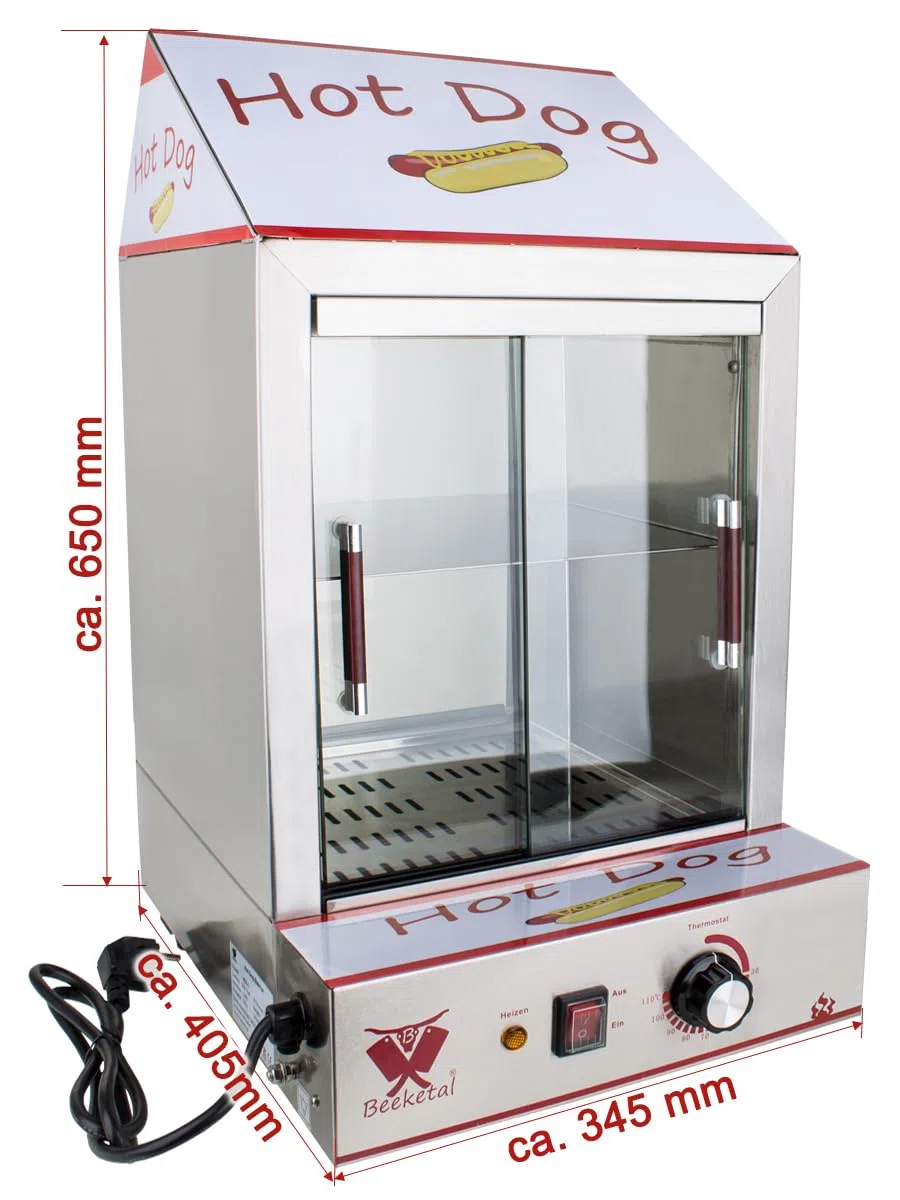 Beeketal 'HDS-2' Profi Gastro Edelstahl Hot Dog Steamer Maker zum Erhitzen und Warmhalten von ca. 100 Hotdog Würstchen und 20 Brötchen, Hotdog Würstchenwärmer und Brötchenwärmer Imbiss Stand Gerät