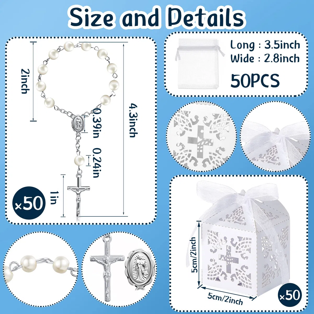 50 Stück Taufe Acryl Rosenkranz Perlen mit Kruzifix und 50 Lasergeschnittene Präsent Boxen Präsente Verpackung Schachtel Kommunion Deko für Babyparty Hochzeit Party(Silber Perlen Armband)