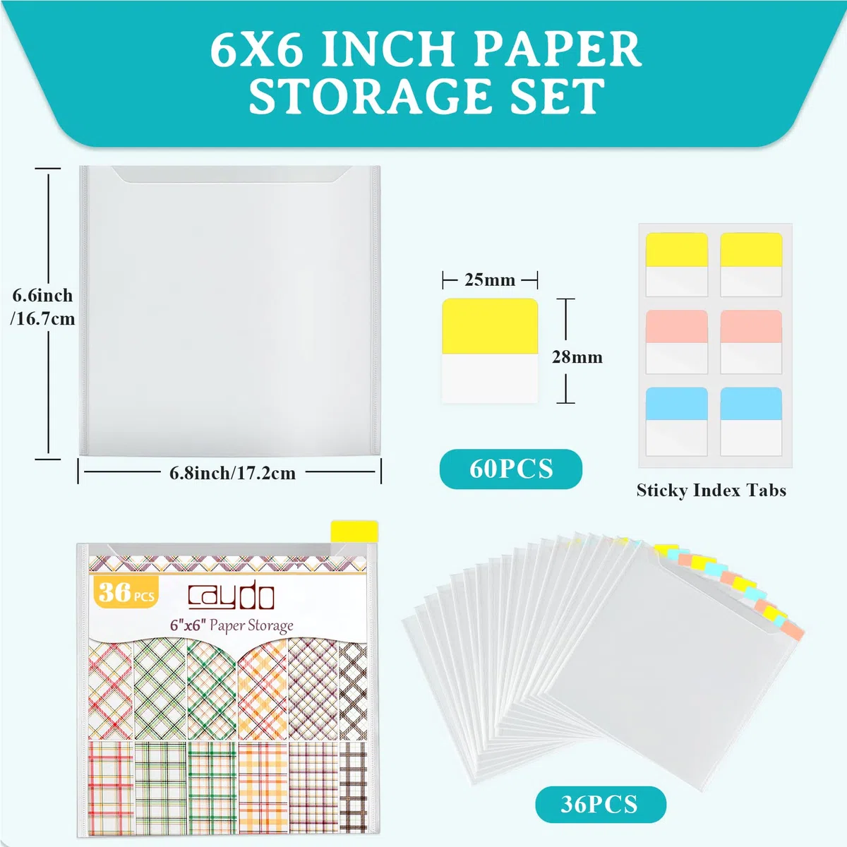 Caydo 36-teilig 6x6 Zoll Scrapbook-Papieraufbewahrung, mit 60-teiligen klebenden Registerkarten zur Aufbewahrung von Scrapbook-Papier, Karton und Vinylfolien