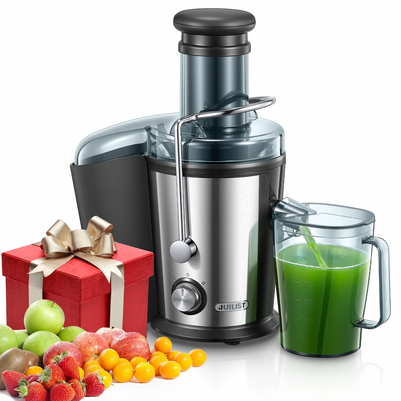 Juilist Entsafter Gemüse und Obst 800W, Edelstahl Saftpresse mit 75mm Einfüllöffnung, 2 Geschwindigkeitsstufen, 1100ml Saftbehälter, Einfach zu Reinigen, inkl. Bürste & Rezeptbuch