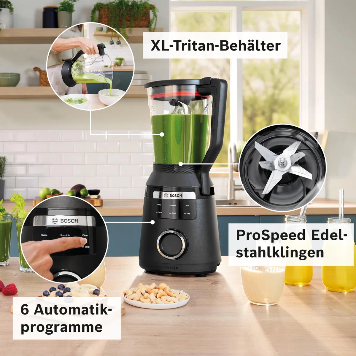 Bosch Hochleistungsmixer, Smoothie Maker, 1800W, 45.000 U-min, Programme für heiße Suppe & Reinigung, 2L, spülmaschinenfeste Teile, Made in Europe, schwarz, VitaPower Serie 6 MMB6652B