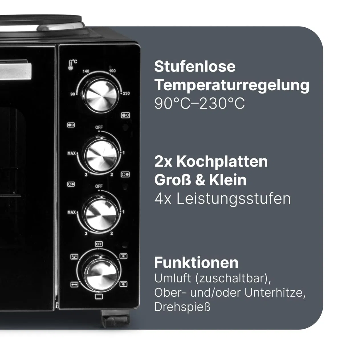 ProfiCook Minibackofen mit Kochplatten und Drehspieß | 32L | Umluft, Oberhitze, Unterhitze, Drehspieß | Kochen und Backen gleichzeitig | Backofen klein | Mini Backofen mit Umluft | PC KK 1302