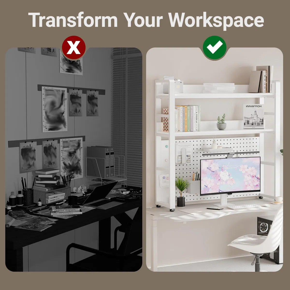 2-Ebene Schreibtisch Regal mit versteckten Schrauben Design, weiß 110CM, Desktop Organizer mit Festplatte