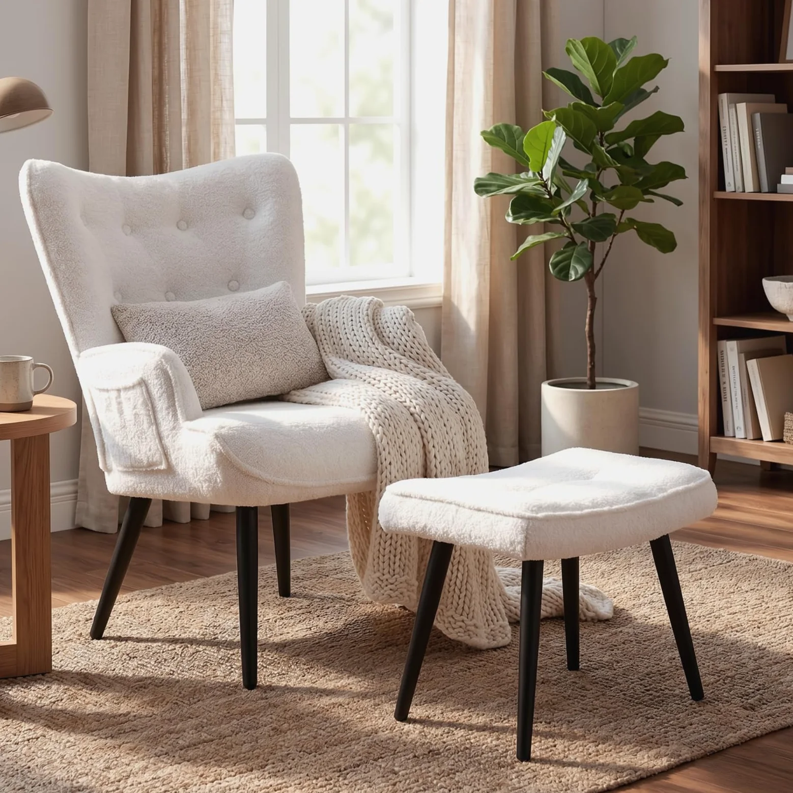 CLEVICH Ohrensessel - Gemütlicher Loungesessel mit Hocker, Lesesesselaus, Teddystoff Armchair für Wohnzimmer & Schlafzimmer - Bis 168kg, Weiß