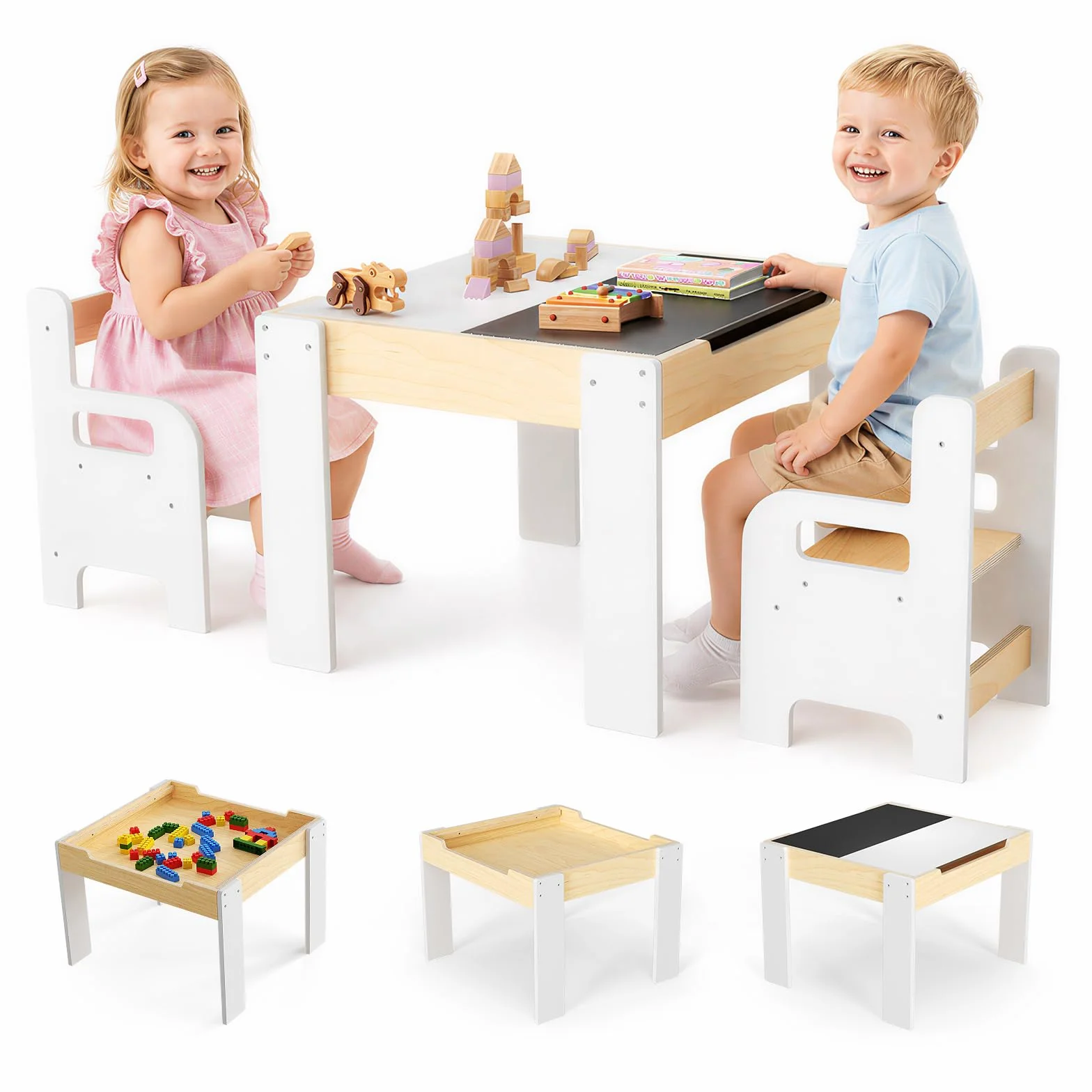Kindertisch Stuhl Set mit 2 Stühlen, Multifunktionaler Spieltisch mit Tafel, Holz Lernmöbel mit Stauraum, Ergonomischer Kindertisch für Lernen Malen Spielen Weiß Naturholz