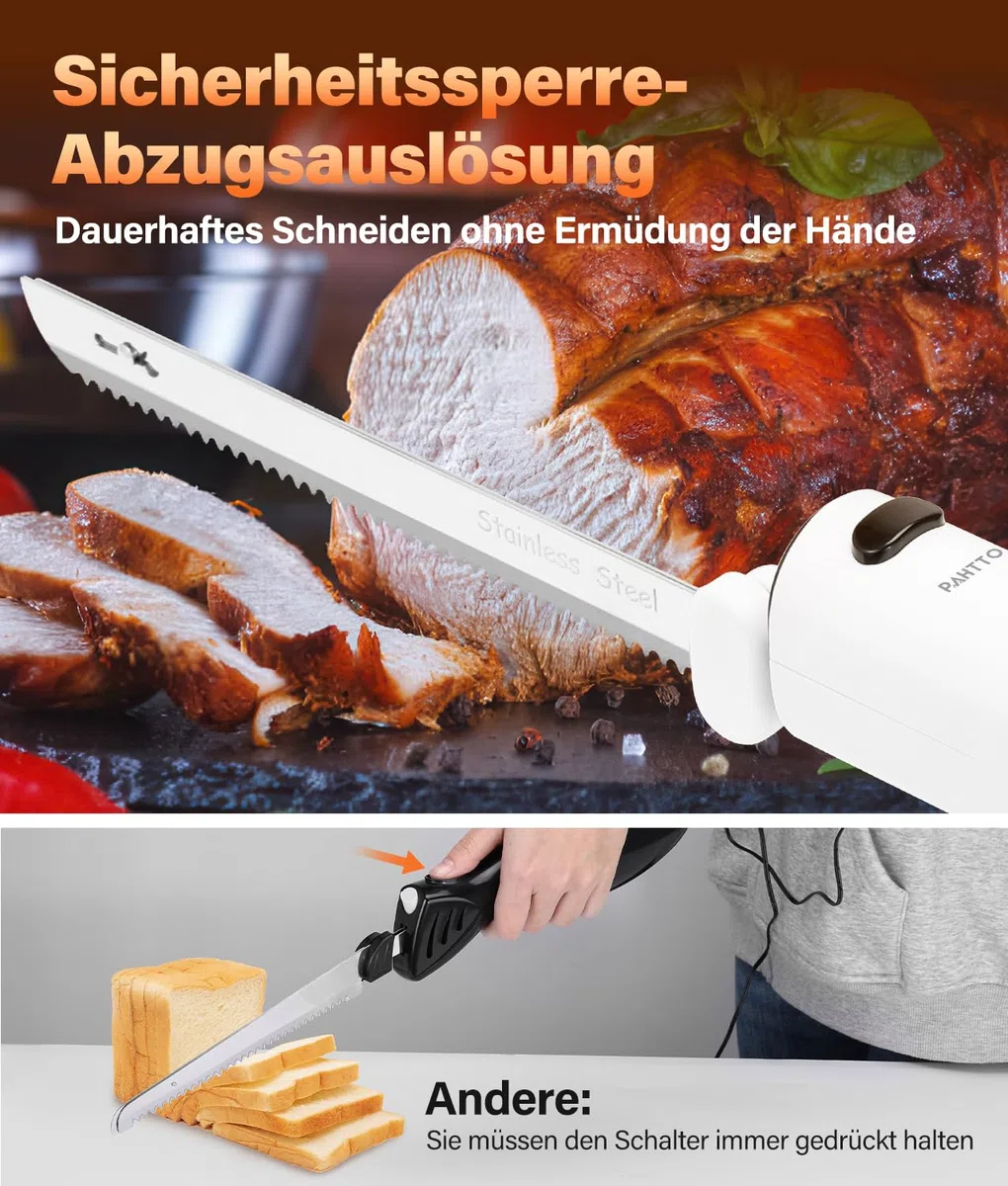 PAHTTO Kabelloses Elektromesser mit Edelstahl-Doppelklingen, Brotschneidemesser Dönermesser Küchenmesser inkl. Box, Gabel und klappbarem Schneidebrett