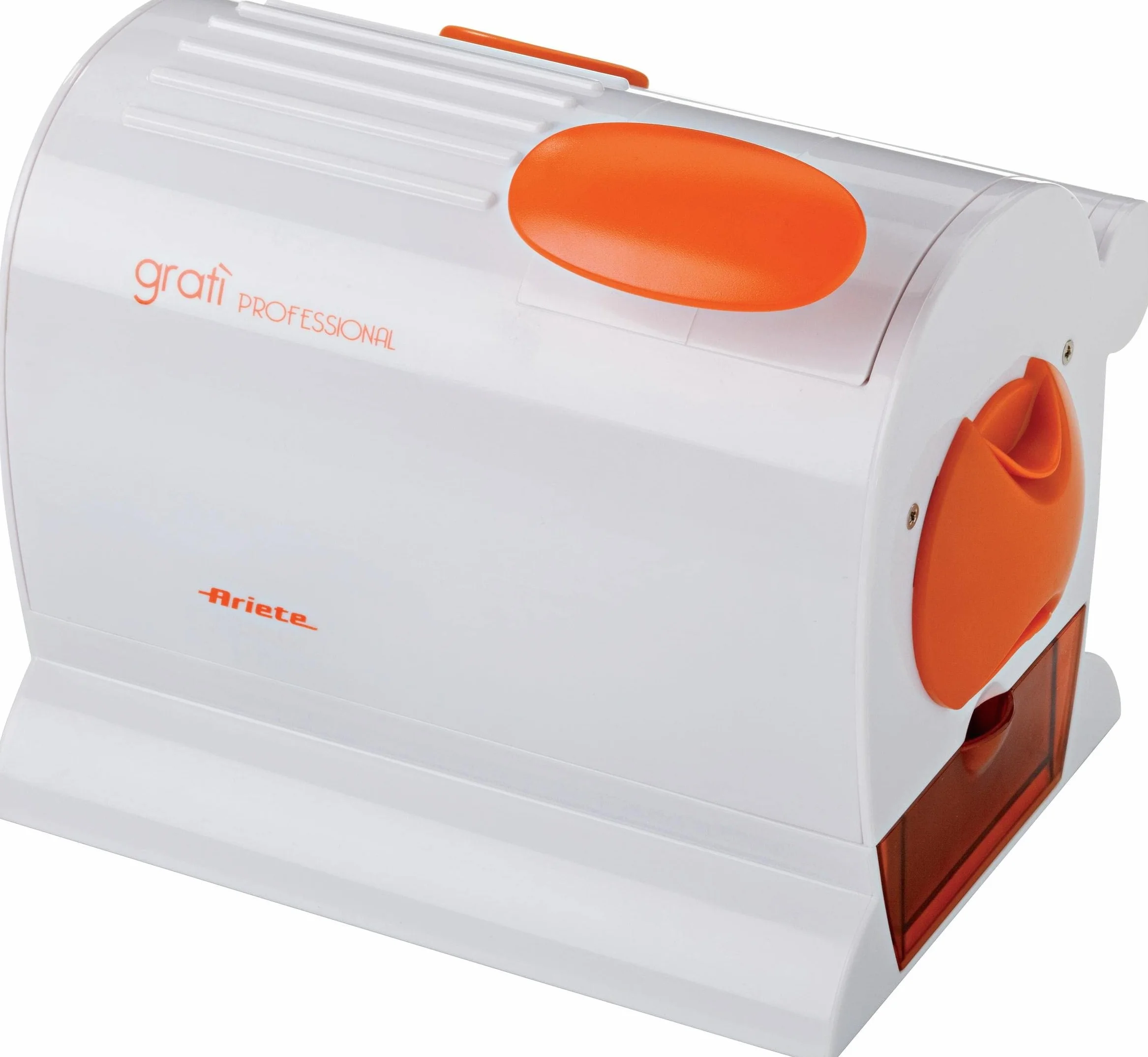 Ariete 445 Gratì Professional Elektrische Reibe, professionell, extra große Rolle aus Edelstahl, abnehmbarer Behälter mit Frischedeckel, 120 W, Weiß/Orange