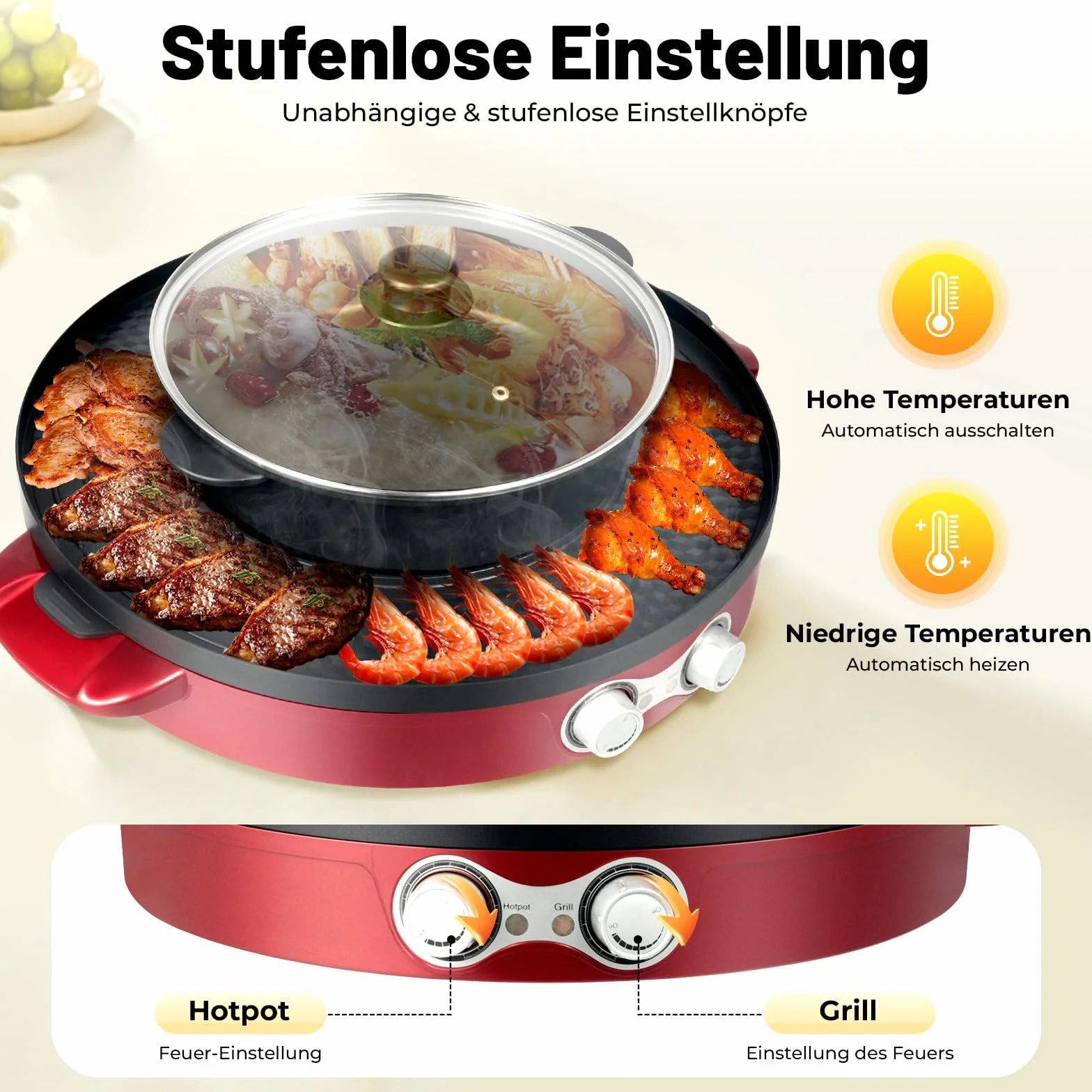 2200W Hot Pot Elektrisch Hotpot Topf 220V Elektrogrill 2 in 1 Multifunktion Elektrische Grill Hot pot mit Abnehmbar Kochplatte, Elektrische Hot Pots für Wohnheim Zuhause (Rot)
